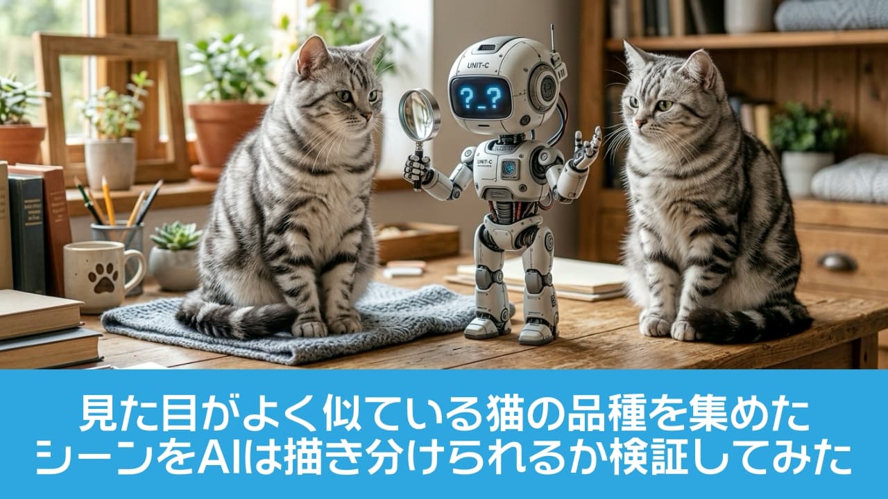 「「えっ、どっちが本物…！？」🤖🔍 そっくりすぎる2匹の猫ちゃんに、小さなロボットもお手上げ状態！？どちらも可愛すぎて選べませんね🐈✨ #猫のいる暮らし #シルバータビー #AIアート #癒しのひととき」Ultra-realistic high-quality photograph of a futuristic cute small robot looking confused while holding a magnifying glass between two identical fluffy silver tabby cats sitting on a wooden desk. Bright natural sunlight streams through the window, illuminating their detailed fur textures, soft green eyes, and cozy room filled with house plants and books. 陽光が差し込むあたたかな木目のデスク上で、そっくりな姿をした2匹のシルバータビー（アメリカンショートヘア風）の猫が佇み、その中央で虫眼鏡を手にした未来的な小型ロボットが「?_?」と困惑した表情を浮かべる、ストーリー性の高い超高画質リアル写真。観葉植物や本棚が並ぶ居心地の良い室内で、猫たちのフワフワとした毛並みや美しいグリーンの瞳、繊細な自然光のニュアンスまで詳細に描かれています