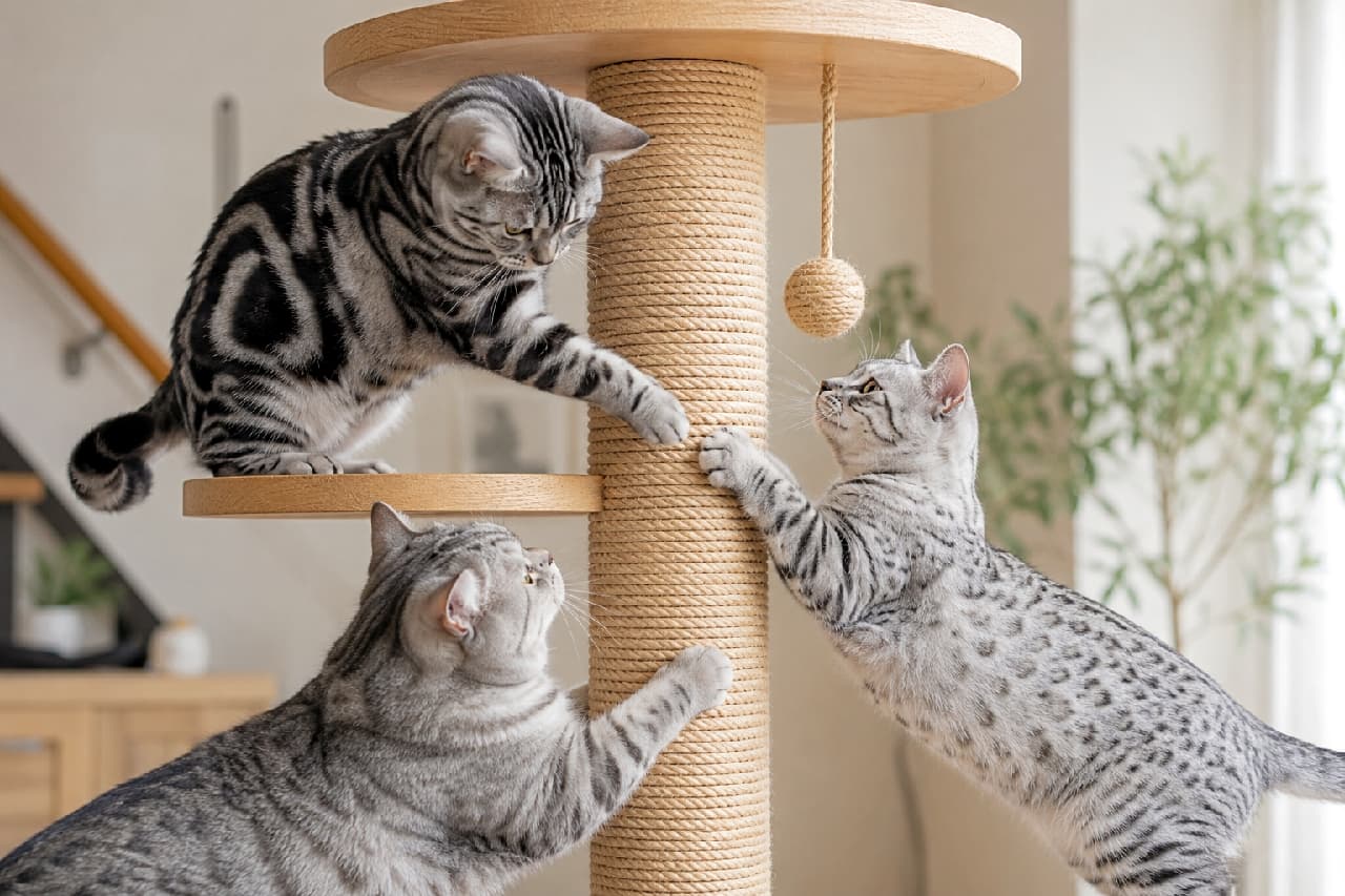 「シルバータビー大集合!アメショ、マウ、ブリショ…個性豊かな3匹がキャットタワーで元気に遊んでます🐈✨ #猫のいる暮らし #シルバータビー #キャットタワー」An ultra-realistic high-quality photograph taken with a fast shutter speed of three silver tabby cats of different breeds playing on a tall, twine-wrapped scratching post in a well-lit indoor environment. At the top left, an American Shorthair with classic swirl patterns looks down. On the right, an Egyptian Mau with distinct spotted silver fur reaches up towards a hanging toy ball. Below them, a British Shorthair with a chunky build clings to the post. The natural light highlights the highly detailed textures of their fur and the scratching post. 明るい窓辺の室内で、麻縄が巻かれた高いキャットタワーに集まる3匹の猫。一番上には、クラシックな渦巻き模様が美しいアメリカンショートヘア。中段には、はっきりとしたスポット模様(斑点)が特徴的なエジプシャンマウ。一番下には、丸みのある体型で愛らしいブリティッシュショートヘアが、それぞれ吊り下げられたおもちゃやタワーを見つめたり、爪を立てたりして遊んでいる。自然光が差し込み、それぞれの猫の毛並みの質感と麻縄のディテールが鮮明に描写された、躍動感あふれる最高画質の写真
