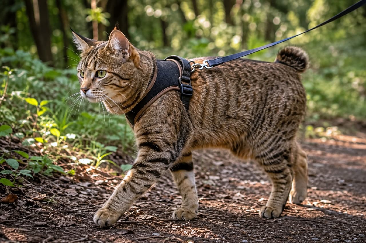 「にわんちゃんみたいにお散歩できちゃう🐈🌳 ハーネスをつけて森をパトロールするピクシーボブのかっこいい姿✨ #猫とお散歩 #アウトドア猫 #ピクシーボブ」Ultra-realistic high-quality photograph of a robust Pixie-bob cat wearing a black harness walking confidently along a dirt trail in a lush green forest, its spotted tabby coat and bobtail beautifully lit by dappled sunlight. 緑豊かな森の土の小道を、黒いハーネスとリードをつけて堂々と歩くピクシーボブ。野生のボブキャットのようなたくましい体つき、キジトラのスポット模様、ピンと立った短いしっぽが、木漏れ日の中で美しく輝いています