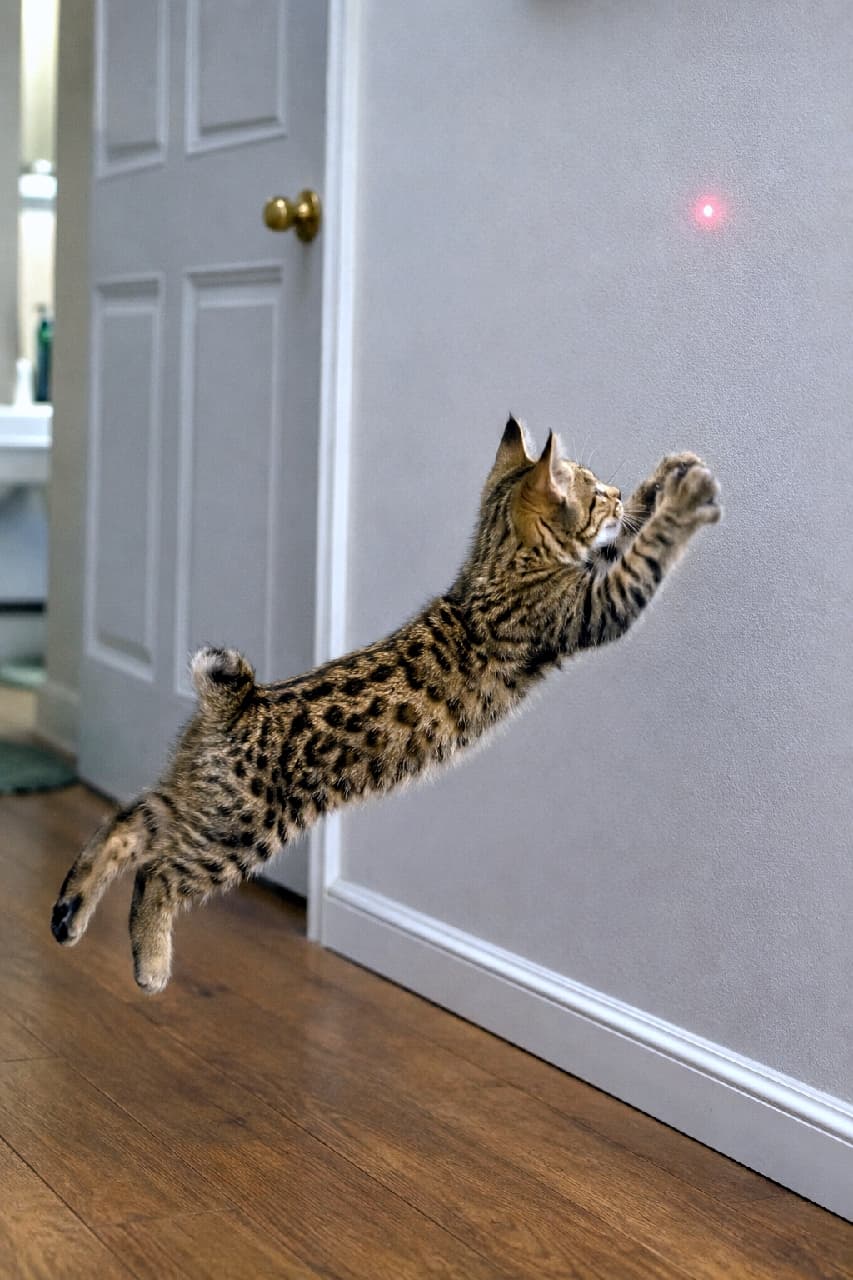 「そぉい！！💨 レーザーポインターに全力ジャンプのピクシーボブちゃん🐈🐾 見事な空中姿勢に10点満点💯 #お転婆猫 #猫のジャンプ #猫のいる暮らし #ピクシーボブ」Ultra-realistic high-quality photograph of a Pixie-bob kitten leaping dynamically through the air to catch a red laser pointer dot on the wall, highlighting its short bobtail and spotted tabby coat in a bright indoor setting. 室内で壁に映った赤いレーザーポインターの光を捕まえようと、空中に大きくダイブするピクシーボブの子猫。特徴的な短いしっぽとスポッテッドタビーの美しい模様、躍動感あふれる空中姿勢がシャープに捉えられています