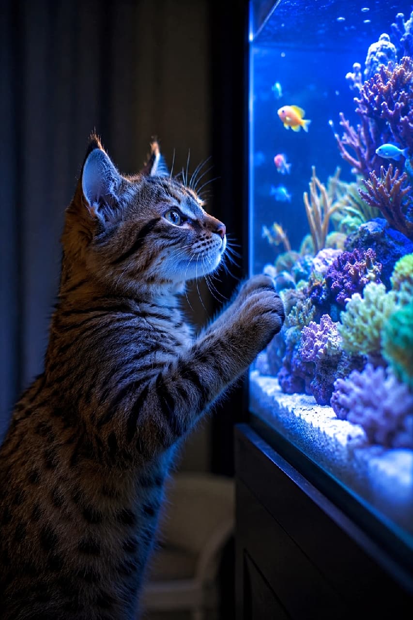 「わぁ…綺麗なお魚さんがいっぱいだにゃ🐟✨ 水槽の青い光に照らされた横顔がロマンチックすぎる🌌 #水槽のある暮らし #好奇心旺盛 #子猫のいる生活 #ピクシーボブ」Ultra-realistic high-quality photograph of a Pixie-bob kitten standing on its hind legs with paws on a glowing blue saltwater aquarium, staring mesmerizingly at the corals and fish in a dark cinematic room. 暗い部屋の中で、鮮やかなブルーの光を放つ海水魚水槽に両前足をかけて中を覗き込むピクシーボブの子猫。サンゴや泳ぐ魚を追う好奇心旺盛な横顔と、青い光に美しく照らし出されたキジトラの被毛がシネマティックに描写されています