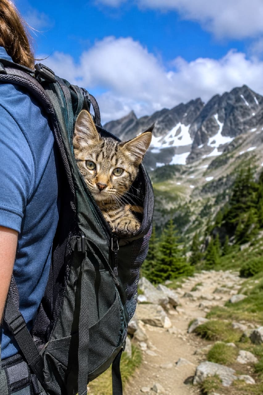 「一緒にどこまでも行くにゃ🎒🏔️ お外が大好きなピクシーボブちゃんと大自然のトレッキング！ #アドベンチャーキャット #猫とお出かけ #子猫のいる生活 #ピクシーボブ」Ultra-realistic high-quality photograph of an adventurous Pixie-bob kitten peeking out of a hiker's black mesh backpack on a mountain trail, with magnificent snowy peaks and a clear blue sky in the background. 澄み切った青空と雪を頂く壮大な山々を背景に、登山者が背負う黒いメッシュリュックから顔を覗かせるピクシーボブの子猫。キリッとした顔立ちとピンと張った耳が、アウトドアの開放感あふれる光の中で冒険心たっぷりに描かれています