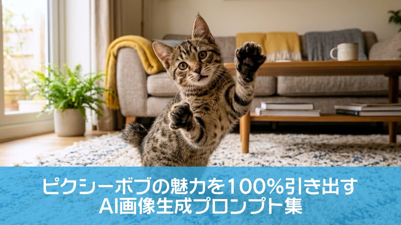「えいっ！にゃんこパンチ炸裂🐾💥 元気いっぱいに遊ぶピクシーボブちゃんに心奪われちゃいます🥺💕 #お遊びタイム #ピクシーボブ」Ultra-realistic high-quality photograph of a playful Pixie-bob kitten standing on its hind legs and reaching out a paw on a textured rug in a cozy, sunlit living room, showcasing its spotted tabby coat and short bobtail. 柔らかな自然光が差し込むリビングのラグの上で、後ろ足で立ち上がり、前足を伸ばして猫パンチをするピクシーボブの子猫。キジトラのスポット模様と特徴的な短いしっぽ、好奇心旺盛な丸い瞳が、背景の観葉植物や木製家具の温かい雰囲気の中で生き生きと描写されています