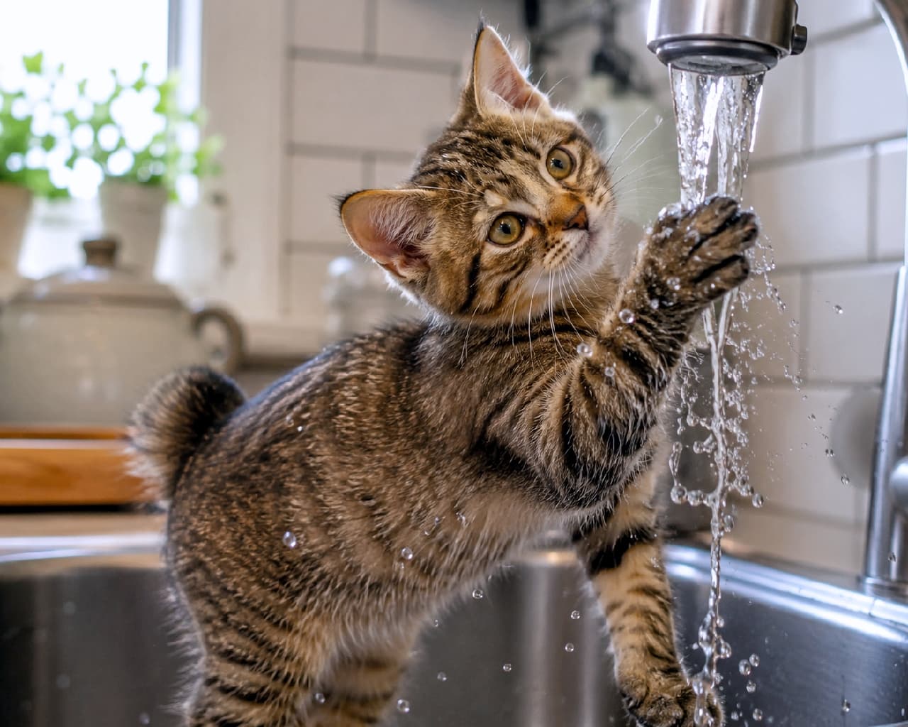 「お水キャッチできるかな？🐾💦 蛇口の噴水に夢中なピクシーボブの赤ちゃんが可愛すぎる😍 #猫のいる暮らし #ピクシーボブ」Ultra-realistic high-quality photograph of a Pixie-bob kitten with a distinctive short tail and brown tabby coat playing with tap water in a bright kitchen sink, reaching its paw into the stream with glowing amber eyes amidst freezing water droplets. ピクシーボブ特有の短いしっぽと美しいキジトラ模様を持つ子猫が、キッチンのシンクで蛇口から流れ落ちる水流に前足を伸ばして遊んでいる様子。輝く水しぶきと子猫の真剣な琥珀色の瞳が、明るい自然光の中で克明に捉えられています