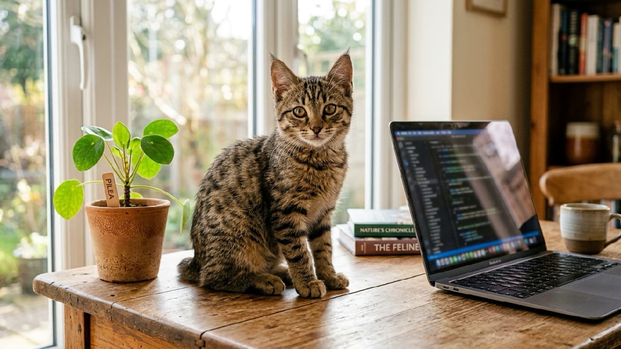 「お仕事、手伝おうか？💻🌿 デスクでお利口にお座りするピクシーボブちゃん。こんな同僚がいたら毎日残業しちゃう！🏢🐈 #テレワーク猫 #おじゃま虫 #好奇心旺盛 #子猫のいる生活 #ピクシーボブ」Ultra-realistic high-quality photograph of a smart-looking Pixie-bob kitten sitting neatly on a rustic wooden desk next to an open laptop and a potted Pilea plant, looking directly at the camera in a bright home office setting. 庭が見える窓辺の木製デスクの上で、ノートPCと観葉植物の隣にちょこんとお座りをしてこちらを見つめるピクシーボブの子猫。賢そうな大きな瞳と、野生味のあるキジトラの斑点模様、特徴的な短いボブテイルが、落ち着いたワーキングスペースの光の中で知的に描写されています