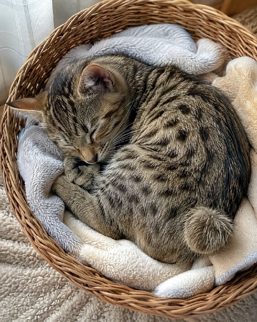 「まあるいしっぽがたまらん…🥺 バスケットの中でスヤスヤ眠るピクシーボブの赤ちゃんに最高の癒やしをもらいました🛌💤 #お昼寝猫 #にゃんすたぐらむ #猫のいる幸せ #猫のいる暮らし #ピクシーボブ」Ultra-realistic high-quality photograph of a Pixie-bob kitten sleeping curled up on a fluffy blanket inside a round wicker basket near a sunny window. Its bunny-like round bobtail and peaceful sleeping face create an overwhelmingly cozy and heartwarming atmosphere. 柔らかな日差しが差し込む窓辺で、籐のバスケットに敷かれたフワフワのブランケットの上で丸くなって眠るピクシーボブの子猫。うさぎのような丸くて短いボブテイルとしっぽの先のフサフサな毛並みが強調され、安心しきった寝顔が最高に癒やされる空間を演出