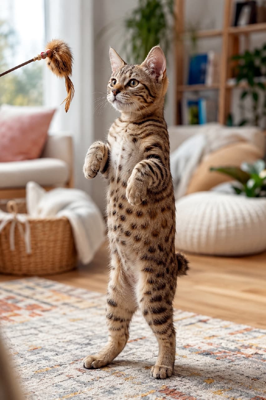 「ミーアキャット現る！？👀✨ おもちゃに夢中で二本足で立っちゃうピクシーボブちゃんのお腹にモフりたい人挙手🙋‍♀️ #へそ天 #猫のいる幸せ #子猫の成長 #猫のいる暮らし #ピクシーボブ」Ultra-realistic high-quality photograph of a Pixie-bob kitten standing upright on its hind legs to catch a feather toy in a bright, cozy living room. Its adorable spotted belly and short tail acting as a balance are showcased in warm natural light. 観葉植物やラグが配置された明るいリビングルームで、猫じゃらしの羽のおもちゃに向かって二本足で立ち上がるピクシーボブの子猫。丸見えになったお腹の可愛いドット模様と、短いしっぽでバランスをとるユーモラスな姿が日常の温かい光の中で捉えられています
