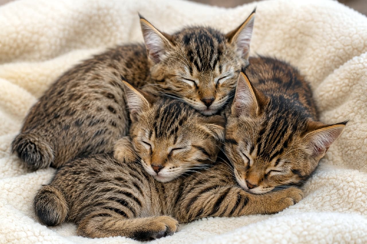 「息ピッタリの寝顔にキュン死確定😍 どんな夢を見ているのかな？💭 もふもふの大渋滞にお顔をうずめたい！ #猫団子 #もふもふ部 #子猫のいる生活 #ピクシーボブ」Ultra-realistic high-quality close-up photograph of Pixie-bob kittens sleeping tightly cuddled together on a white fleece blanket, highlighting their lynx tips and beautifully spotted coats in soft lighting. フワフワの白いフリース素材の上で、顔を寄せ合い折り重なるようにして眠るピクシーボブの子猫たち。オオヤマネコのような耳先の飾り毛（リンクスティップ）と美しいスポッテッド模様が、至近距離からの柔らかな光の中で克明に描写されています