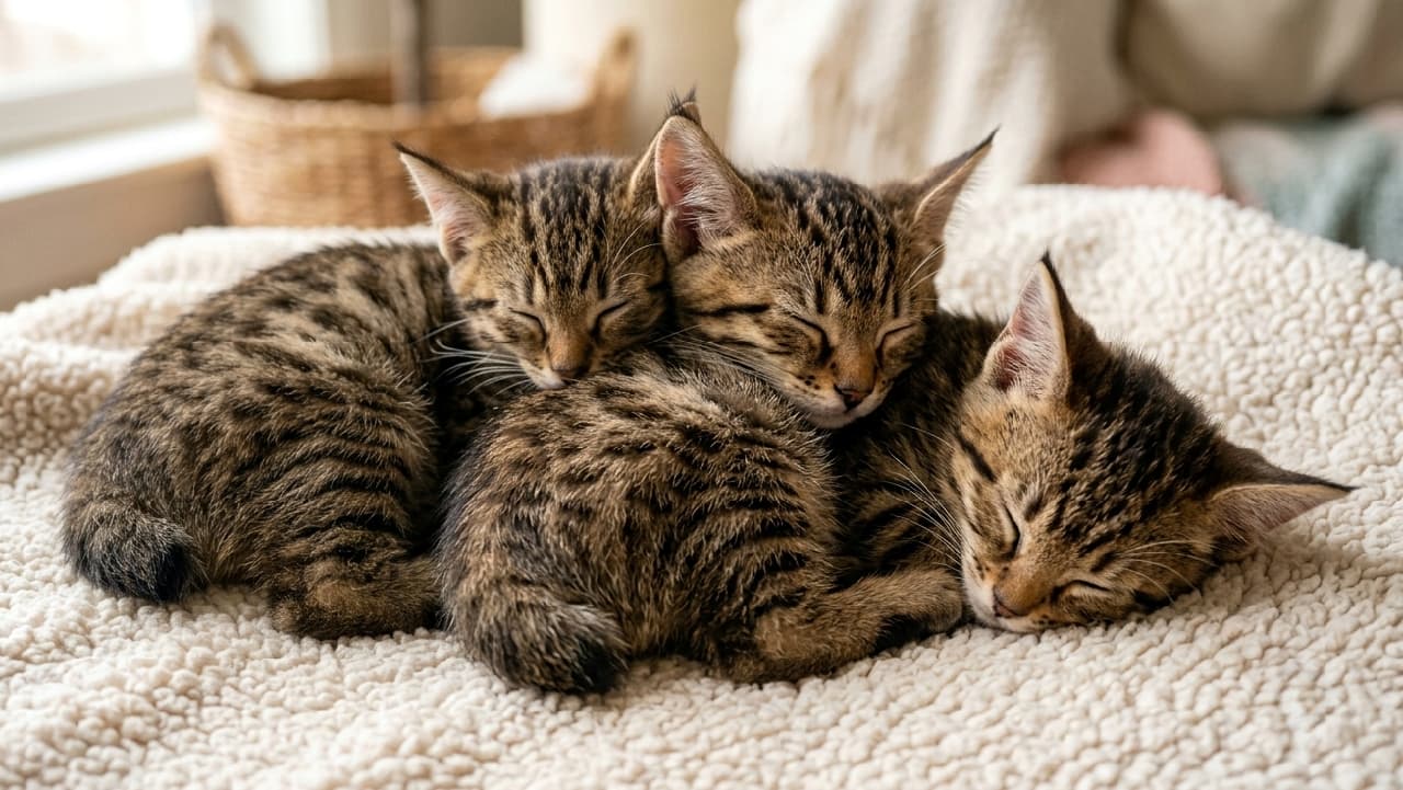 「にゃんこ団子いっちょう上がり🍡💕 ぴったりくっついて眠るピクシーボブ三きょうだいに癒され度120%！ #子猫のいる生活 #ピクシーボブ」Ultra-realistic high-quality photograph of three Pixie-bob kittens sleeping huddled together on a soft cream-colored fluffy blanket, their spotted tabby coats and short bobtails bathed in warm natural light. 柔らかなクリーム色のブランケットの上で、身を寄せ合ってスヤスヤと眠る3匹のピクシーボブの子猫。特徴的な短いしっぽやキジトラのスポット模様が暖かな自然光に包まれ、見ているだけで癒やされる穏やかな情景