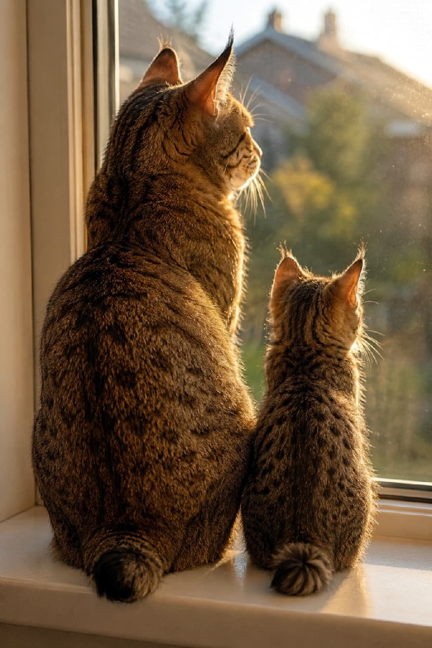 「親子で夕涼みタイム🌇 窓辺に並んだお揃いの短いしっぽがたまらなく愛おしいエモい瞬間…🐈🐈‍⬛ #猫のいる風景 #親子の絆 #にゃんすたぐらむ #猫のいる幸せ #ピクシーボブ」Ultra-realistic high-quality photograph of a Pixie-bob adult cat and kitten sitting side-by-side by a window, looking outside at sunset. The warm golden light beautifully illuminates their spotted coats, tufted ears, and matching short bobtails in a heartwarming scene. 黄金色の夕日が差し込む窓辺に並んで座り、外の景色を眺めるピクシーボブの成猫と子猫。窓から透ける柔らかな光が2匹の美しいスポッテッド模様やピンと立った耳、お揃いの愛らしいボブテイルをエモーショナルに縁取っています