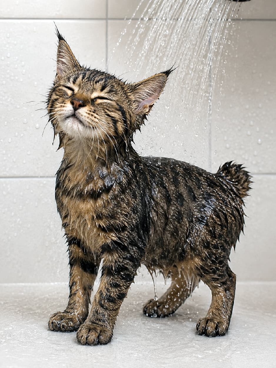 「お水サイコーにゃ〜🚿✨ シャワーを浴びてうっとり顔のピクシーボブちゃん。お風呂好きなんて羨ましすぎる！😍 #お風呂猫 #水も滴るいいにゃんこ #にゃんすたぐらむ #猫のいる幸せ #子猫のいる暮らし #ピクシーボブ」Ultra-realistic high-quality photograph of a wet Pixie-bob kitten enjoying a shower in a tiled bathroom, closing its eyes in pure bliss. The detailed texture of its soaked spotted coat, short bobtail, and lynx-like ears are perfectly captured with water droplets. タイル張りのバスルームで、上から降り注ぐシャワーの水を全身に浴びて目を細めるピクシーボブの子猫。水に濡れて際立つ野性的な被毛の質感や短いしっぽ、オオヤマネコのような耳のシルエットが、美しい水しぶきとともにシャープに捉えられています