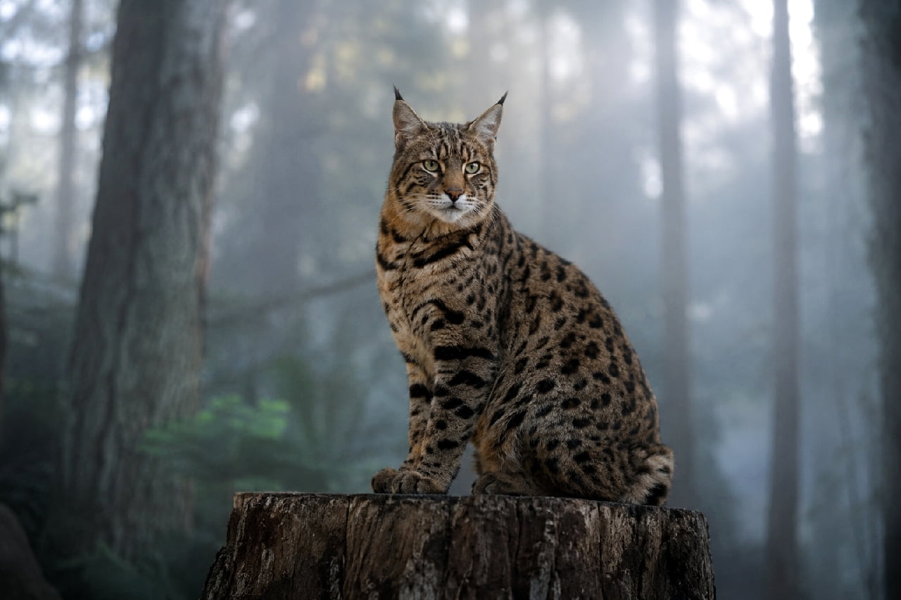「霧の中から現れたイケメンすぎる山猫…？いいえ、ピクシーボブです🐈‍⬛🌲 鋭い視線にドキドキしちゃう！ #イケニャン #ワイルドキャット #ピクシーボブ」Ultra-realistic high-quality photograph of a wild-looking Pixie-bob cat sitting gracefully on a wooden stump in a deeply fog-shrouded coniferous forest, featuring a thick spotted coat and piercing gaze in a cinematic atmosphere. 深い霧に包まれた針葉樹林で、木製の切り株に堂々と鎮座するピクシーボブ。野生のボブキャットを彷彿とさせる野性的な顔つき、短いしっぽ、厚く美しい被毛が、シネマティックで冷涼な森の空気感の中で見事に表現されています