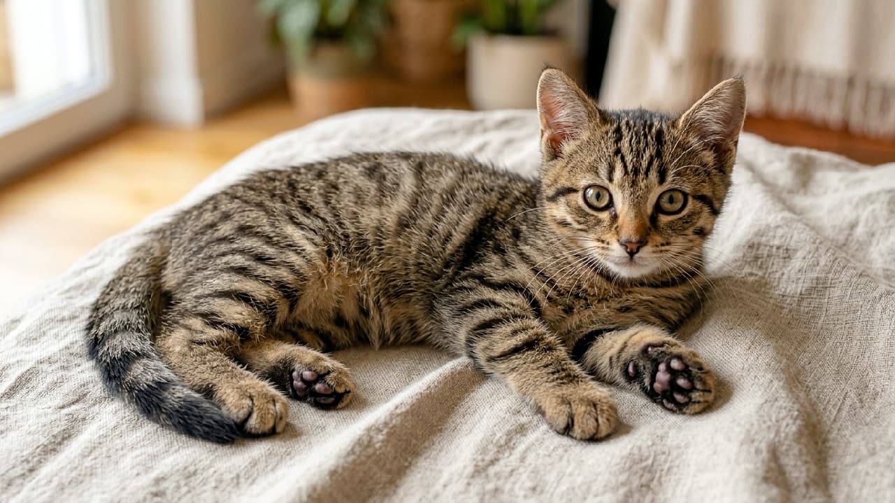 「お部屋でまったりリラックス中🌿 ドラゴンリー(チャイニーズリーフア)の子猫ちゃんの無垢な視線に胸キュンです🤎🐾 #子猫 #キジトラ #ドラゴンリー #猫のいる暮らし」Ultra-realistic high-quality photograph of a Brown Mackerel Tabby Dragon Li (Chinese Li Hua) kitten. The kitten, featuring detailed mackerel tabby stripes and clear greenish eyes, is lying relaxed on its stomach on a natural, slightly wrinkled linen cloth, staring directly at the camera. The background softly blurs indoor plants and a wooden floor, enveloped in warm, gentle natural sunlight. ブラウンマッカレルタビー(茶色のキジトラ)のドラゴンリー(チャイニーズリーフア)の子猫。緻密な縞模様の被毛と緑がかった澄んだ瞳を持ち、ナチュラルなシワ感のあるリネン素材の布の上に腹ばいになってリラックスしながら、カメラをじっと見つめています。背景には観葉植物や木目の床が柔らかくぼやけて映り込み、暖かな自然光が優しく包み込む穏やかな室内風景