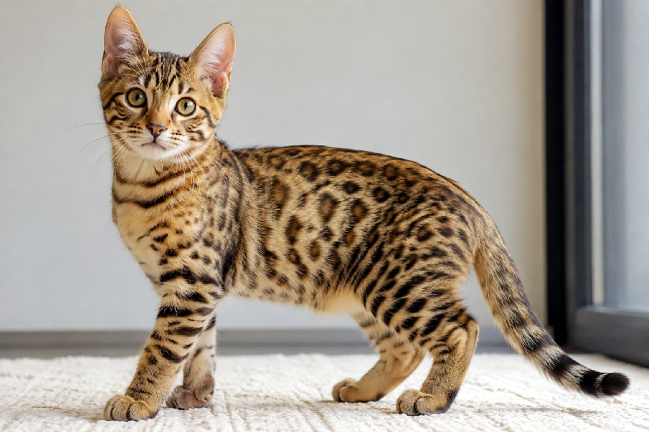 「お部屋に小さなヒョウが現れた!?🐆💕 ワイルドな模様とあどけない瞳のギャップがたまらないチートーの子猫です✨ #チートー #ベンガル系 #子猫 #美猫 #猫好きさんと繋がりたい」Ultra-realistic high-quality photograph of a large Brown Spotted Tabby Cheetoh kitten bathed in soft window light. It has a wild leopard-spotted coat and large, curious yellow-green eyes, standing on a fluffy ivory rug and looking directly at the camera. 窓辺の柔らかな光に包まれた、ブラウンスポッテッドタビー(斑点模様)のチートーの子猫。野生的なヒョウ柄の被毛と、くりっとした大きく丸い黄緑色の瞳が愛らしいです。アイボリーのふかふかしたラグの上に立ち、カメラを興味津々に見つめる好奇心旺盛な表情が魅力的