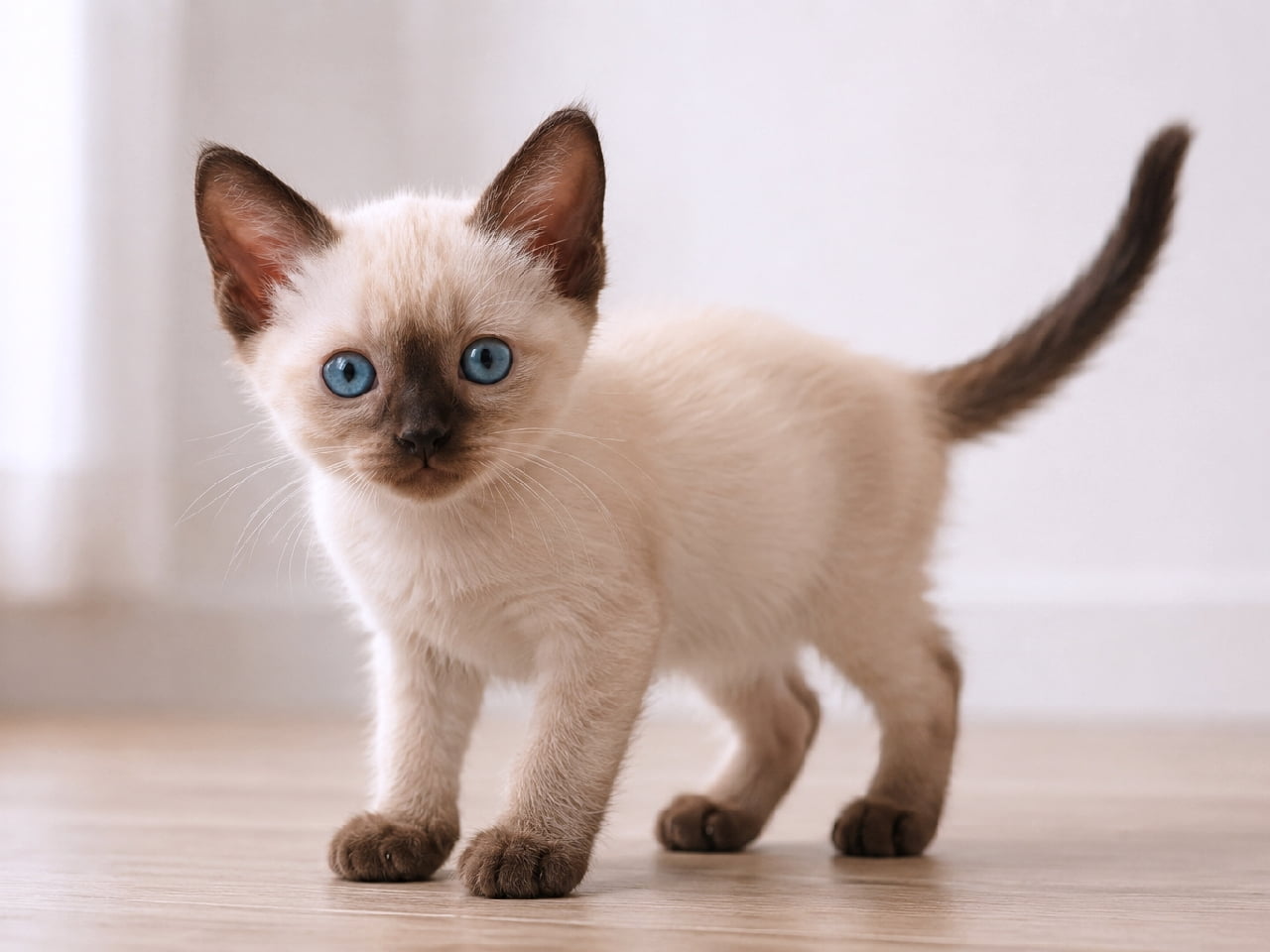 「その瞳に見つめられたら最後…💙 タイの子猫、シールポイントの魅力に溺れて。 #子猫 #シャム猫 #タイ猫 #青い瞳」Ultra-realistic high-quality photograph of a Seal Point Thai (Traditional Applehead Siamese) kitten. The kitten is staring directly at the camera with vibrant blue eyes, its distinctively round "applehead" face shape emphasized. Deep seal point coloration on ears, face, paws, and tail contrasts with the bright cream-colored body. It stands in an alert pose on a clean wood-grain floor. タイ(トラディショナル・アップルヘッド・シャム)のシールポイントの子猫。鮮やかなブルーの瞳でカメラをまっすぐ見つめ、顔の丸い特徴的な「アップルヘッド」の輪郭が際立っている。耳、顔、足、尻尾のポイントカラーが深く、体は明るいクリーム色。清潔な木目調の床に立ち、背中を少し丸めたポーズ