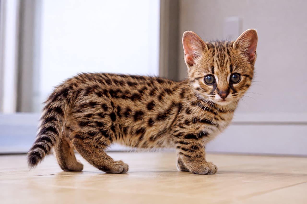 「小さなヒョウがお部屋に探検にやってきた!?🐾🐆 短足×ヒョウ柄のジェネッタベビーにメロメロです🥺💕 #ジェネッタ #子猫 #短足猫」Ultra-realistic high-quality photograph of a short-legged Brown Spotted Tabby Genetta kitten. It features a wild leopard-like spotted coat and large round eyes, standing firmly on its short legs on a light wood-grain floor, looking curiously at the camera. Soft natural light from a frosted glass background highlights its beautiful fur. マンチカンとベンガルなどの血を引く、短足でブラウンスポッテッドタビー(斑点模様)を持つジェネッタの子猫。野性味あふれるヒョウ柄の美しい被毛と、大きくて丸いあどけない瞳が特徴的です。明るい木目調の床の上に短い脚でしっかりと立ち、カメラを好奇心旺盛に見つめています。背景のすりガラスから差し込む柔らかな自然光が、艶やかな毛並みを際立たせています