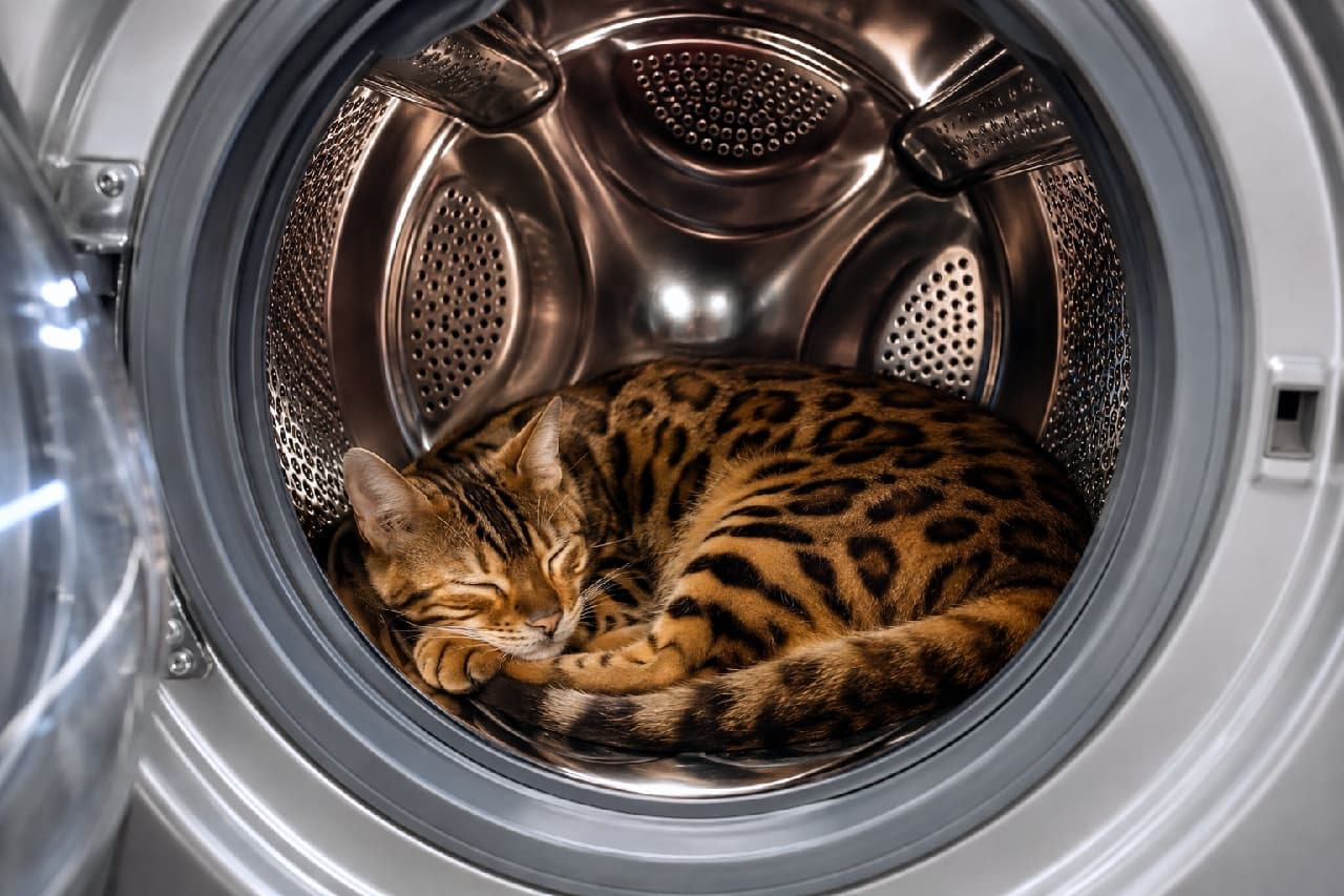「洗濯機を開けたらヒョウが寝てました🐆💤ヒンヤリしてて意外と極楽ベッドらしいニャ✨ #ベンガル猫 #洗濯機猫」Ultra-realistic high-quality photograph of a Bengal cat sleeping curled up inside the shiny stainless steel drum of a washing machine. The cat's striking wild rosette leopard pattern and peaceful sleeping face contrast beautifully with the cold, reflective metallic texture of the drum. ドラム式洗濯機の輝くステンレス槽の中で、アンモナイトのように丸くなってすやすやと眠るベンガル猫。野性味あふれる美しいロゼット(ヒョウ柄)模様の被毛と、目を閉じた無防備な寝顔が対照的です。ドラムの金属的な質感とメタリックな反射光が、猫の温もりをより一層際立たせています