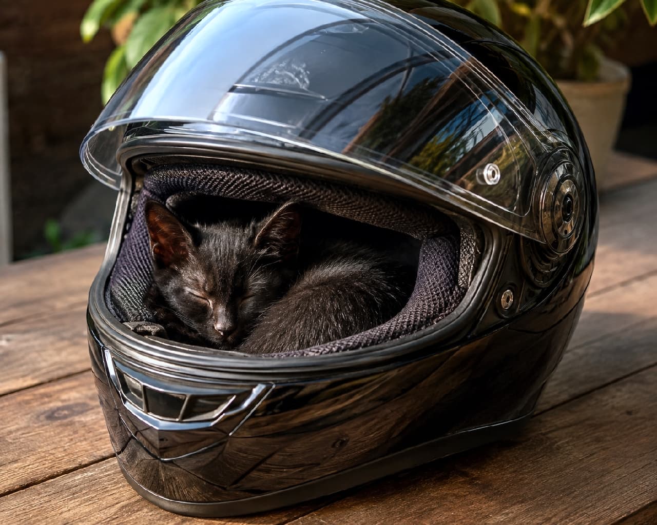 「ツーリングの準備…って、ヘルメットの中が占拠されてる!?🏍️💨すっぽりサイズがたまらなく可愛い特等席ニャ🖤 #黒猫 #バイクと猫 #すきま猫」Ultra-realistic high-quality photograph of a tiny black kitten sleeping peacefully curled up inside a glossy black full-face motorcycle helmet on a wooden table. The contrast between the hard, mechanical helmet exterior and the kitten's soft, dark fur creates a striking and stylish image. 木製のテーブルの上に置かれた、シールドの開いた光沢のある黒いフルフェイスのバイク用ヘルメット。その内部のクッションの隙間にすっぽりと丸まり、気持ちよさそうに眠る黒猫の子猫。硬質でメカニカルなヘルメットの外装と、柔らかく艶やかな黒い被毛の対比が美しい、スタイリッシュな一枚