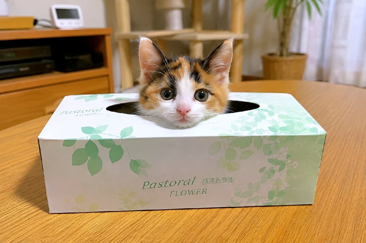 「ティッシュを取ろうとしたら…可愛い妖精さんが入ってました🧚♀️✨すっぽりサイズ感がたまらないニャ! #三毛猫 #子猫のいる暮らし #すきま猫」Ultra-realistic high-quality photograph of a cute calico kitten popping its head out of a green leaf-patterned tissue box on a wooden table. The kitten has big round eyes, a pink nose, and a highly curious expression in a warm living room setting. 温かみのあるリビングの木製テーブルの上で、爽やかなグリーンのリーフ柄ティッシュボックスの取り出し口から、まん丸な瞳でひょっこりと顔を出す三毛猫の子猫。鮮やかな被毛とピンクのお鼻が愛らしく、好奇心旺盛な表情が魅力的な一枚