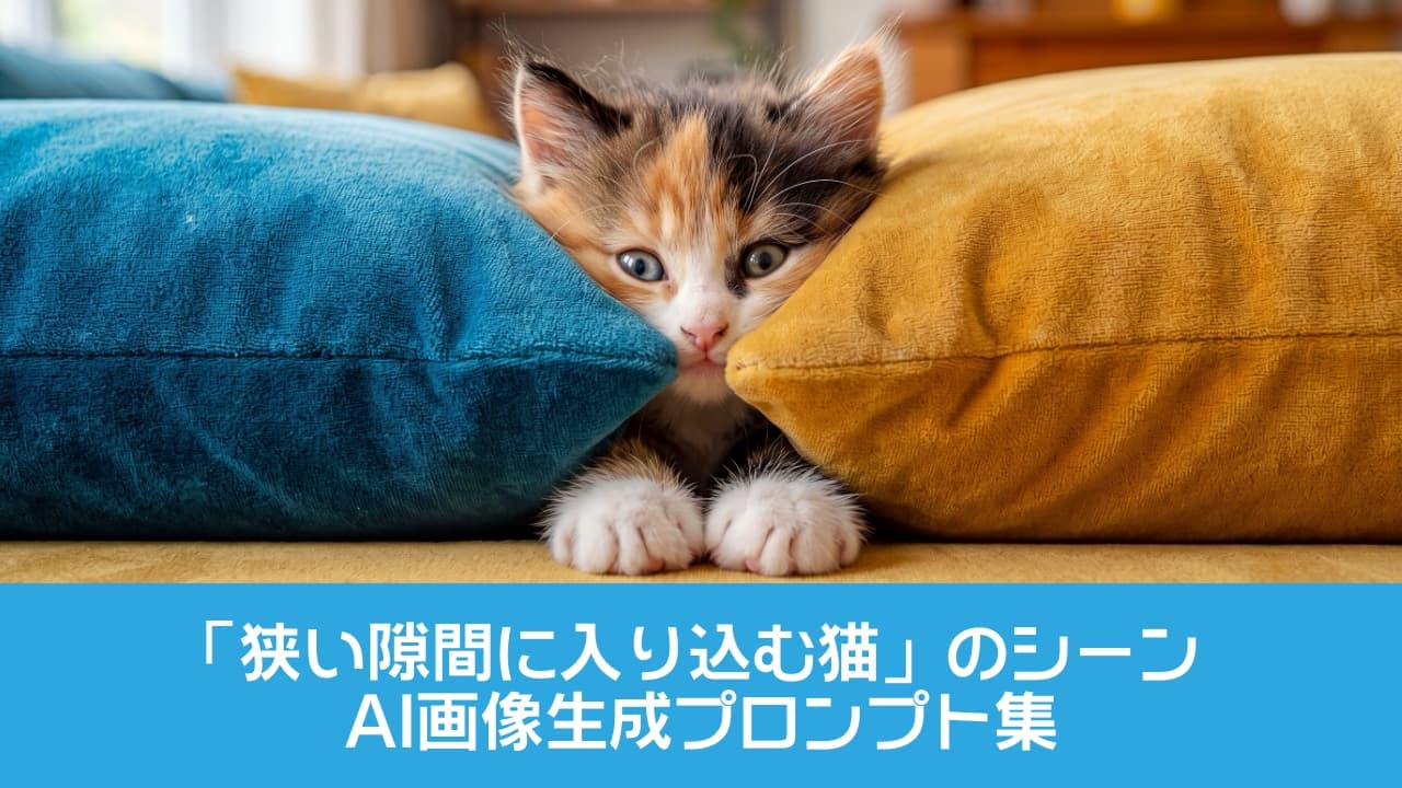 「クッションの隙間にすっぽりハマって液体化に成功した三毛猫ちゃん🐈💧 かわいすぎてため息が出ちゃう🥺💖 #三毛猫 #猫のいる暮らし #猫は液体」An ultra-realistic high-quality photograph of a fluffy Calico kitten perfectly squished horizontally like liquid in the narrow gap between two brightly colored, plush velvet sofa cushions. Only its round, curious eyes, small pink nose, and two tiny front paws are visible, popping directly towards the lens. Warm natural sunlight highlights the incredibly detailed fur texture against a softly blurred, cozy living room background. 2つの鮮やかなベルベットクッション（深い青緑とマスタードイエロー）の狭い隙間に、完全に液体化して水平に挟まったフワフワの三毛猫の子猫を正面から捉えた超高画質マクロ写真。丸く好奇心旺盛な瞳と小さなピンクの鼻、2つの小さな前足だけが隙間から覗いている。クッションの柔らかい質感が子猫の顔を優しく包み込み、温かい自然光が差し込むボケ味の効いたリビングルームの背景が、美しい毛並みのディテールを際立たせている