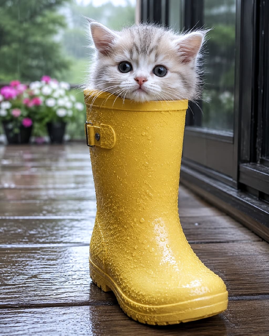 「雨の日のお出かけ準備はバッチリ長靴に入ることニャ👢☔️可愛すぎて外に出られない…!🥺💕 #マンチカン #雨の日の過ごし方 #猫のいる生活 #すきま猫」Ultra-realistic high-quality photograph of a fluffy light silver Munchkin kitten sitting inside a bright yellow rain boot covered in water droplets on a wet wooden deck. The kitten's large dark eyes and soft fur contrast beautifully with the rainy, atmospheric background featuring blurred pink flowers. 雨に濡れた木製デッキの上に置かれた、水滴のついた鮮やかな黄色い長靴。その中にすっぽりと収まり、顔だけを出しているふわふわの淡いシルバー系のマンチカン子猫。くりくりの大きな黒目とふんわりした被毛が愛らしく、背景の緑やピンクの花が雨の日のしっとりとした情緒を感じさせます