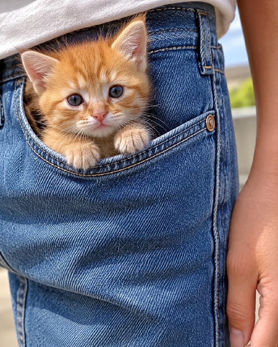 「ポケットサイズの天使、一緒にお散歩行こうニャ🐾👖ぴったりサイズでおとなしくしてるのが可愛すぎる🥺 #茶トラ #子猫 #猫のいる生活 #すきま猫」Ultra-realistic high-quality photograph of a tiny ginger tabby kitten perfectly tucked inside the front pocket of a person's blue denim jeans. The kitten is looking up with innocent kitten-blue eyes, resting its little paws on the pocket edge. The beautiful complementary contrast between the blue denim texture and the soft orange fur creates a fresh, sunny outdoor vibe. 人間が履いているブルーデニム(ジーンズ)のフロントポケットにすっぽりと収まり、顔と前足だけを出している小さな茶トラの子猫。キトンブルーの澄んだ瞳で上目遣いにこちらを見つめています。デニムのざっくりとした青い生地と、子猫のふんわりとしたオレンジ色の被毛の補色対比が美しく、晴れた日の屋外の爽やかな空気感が漂います