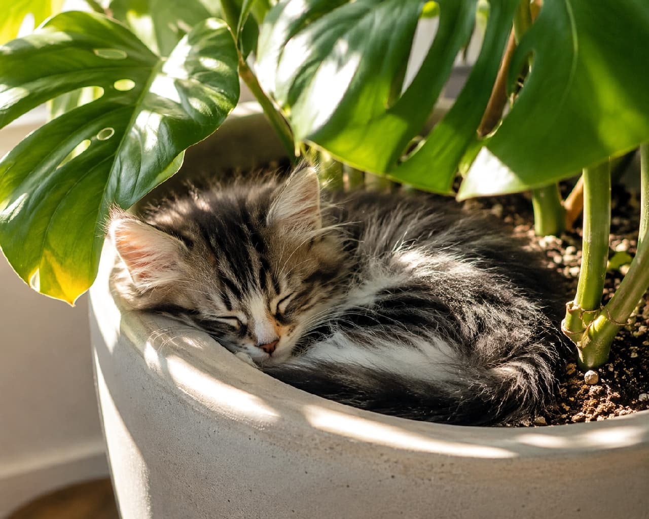 「植木鉢に新しいお花が咲いた…と思ったら天使が寝てました🌱👼ポカポカの木漏れ日ベッドが最高ニャ〜💤 #ノルウェージャンフォレストキャット #植物と猫」Ultra-realistic high-quality photograph of a tabby and white Norwegian Forest Cat kitten sleeping curled up inside a grey planter pot under large Monstera leaves. The beautiful dappled sunlight shines softly on its thick fur, creating a peaceful and harmonious natural indoor scene. 大きなモンステラの緑の葉の下、グレーの植木鉢の土の上にすっぽりと丸まって眠るキジ白のノルウェージャンフォレストキャットの子猫。豊かな被毛に窓からの暖かな陽射し(木漏れ日)が美しく落ちています。自然の植物と猫の安らかな寝顔が見事に調和した、穏やかで癒やされる情景です