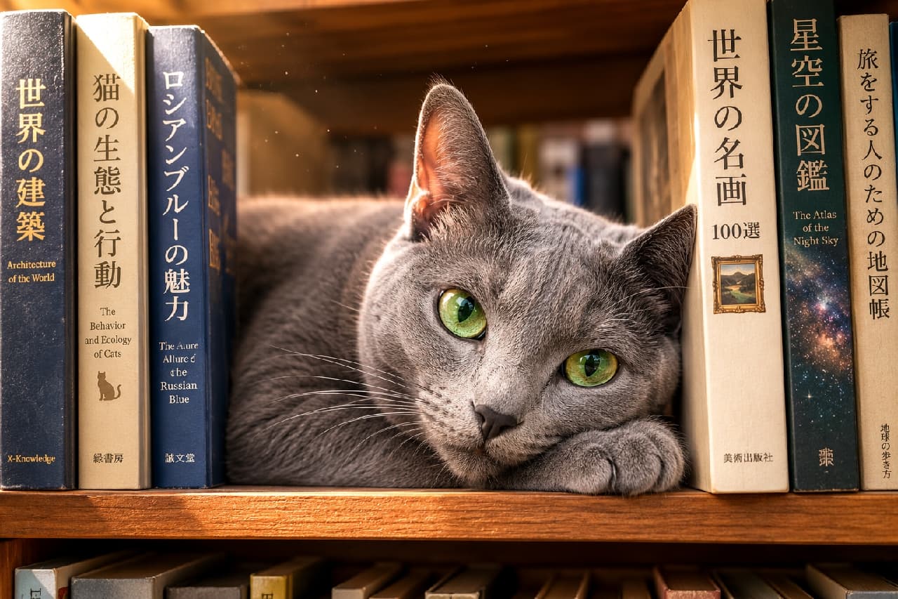 「ぽかぽか陽だまりで読書中…じゃなくてお昼寝の準備中ニャ🐾☀️ #ロシアンブルー #猫のいる生活」Ultra-realistic high-quality photograph of a Russian Blue cat resting between books on a wooden bookshelf. The cat is lying down with its paws tucked, looking gently with emerald green eyes, beautifully highlighted by warm, dramatic sunlight catching its silver-tipped fur. 木製の本棚の隙間、背表紙の間に身を横たえてリラックスするロシアンブルー。前足をちょこんと揃え、エメラルドグリーンの瞳で穏やかにこちらを見つめています。毛並みの美しさを際立たせる、暖かでドラマチックな斜光(陽だまり)が印象的な一枚