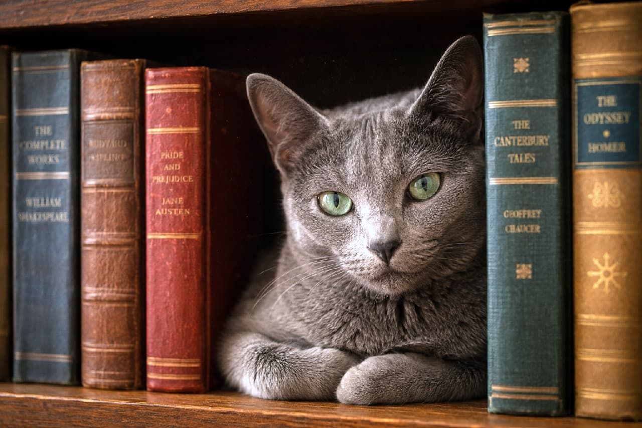 「本棚の隙間は私の特等席ニャ📖✨知的でクールな眼差しにドキッとしちゃう! #ロシアンブルー #本と猫 #猫のいる生活」Ultra-realistic high-quality photograph of a Russian Blue cat sitting perfectly between antique books on a dark wooden bookshelf. The cat features a beautiful velvety blue-grey coat and piercing emerald green eyes, creating a classic and intellectual atmosphere. 重厚な木製の洋書が並ぶ本棚の隙間にすっぽりと収まり、カメラをじっと見つめるロシアンブルー。美しいブルーグレーのビロードのような被毛と、エメラルドグリーンの鋭くも美しい瞳が印象的です。クラシックで知的な雰囲気が漂う構図となっています