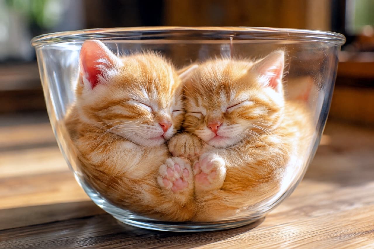 「ぽかぽか陽だまりボウルで夢の中…🐾💤2匹一緒なら狭くても最高のベッドだニャ🍊✨肉球の押し付け具合がたまらん! #茶トラ #子猫 #子猫のいる暮らし」Ultra-realistic high-quality photograph of two ginger tabby kittens sleeping soundly, squished together inside a clear glass bowl on a wooden table. Warm, golden sunlight beautifully illuminates their fluffy orange fur. Their peacefully closed eyes and adorable pink paw pads pressed against the glass create a heartwarming and cozy scene. 木製のテーブルの上に置かれた透明なガラスボウルの中に、2匹一緒にぎゅっと丸まって眠る茶トラの子猫たち。温かい陽だまりの光がふんわりとしたオレンジ色の被毛を美しく照らし出しています。ぎゅっと閉じた目元や、ガラスに押し付けられた小さなピンク色の肉球がたまらなく愛らしく、安心しきって身を寄せ合う兄弟の温もりが伝わる情景