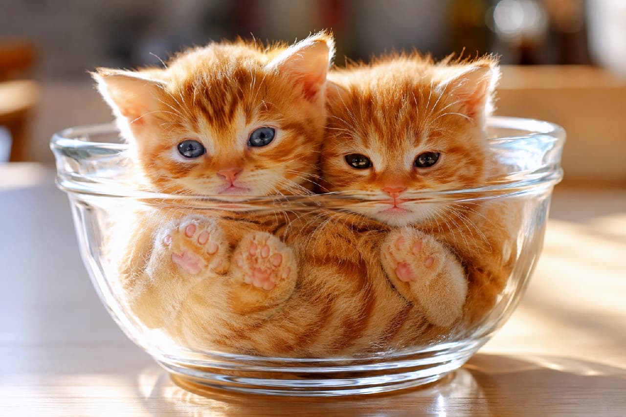 「ボウル一杯の茶トラねこ一丁上がり🥣🐾ガラス越しの肉球にズーム必須です🔍✨ #茶トラ #子猫 #子猫のいる暮らし」Ultra-realistic high-quality photograph of two ginger tabby kittens squished together inside a clear glass bowl. The soft backlighting highlights their fluffy orange fur and the adorable pink paw pads pressed against the glass, capturing their close bond. 透明なガラスボウルの中に、2匹一緒にぎゅっと身を寄せ合って収まっている茶トラの子猫たち。ガラス越しに押し付けられたピンク色の肉球や、逆光に透けて輝くふんわりとしたオレンジ色の被毛が美しく、兄弟の仲の良さが伝わる心温まる情景