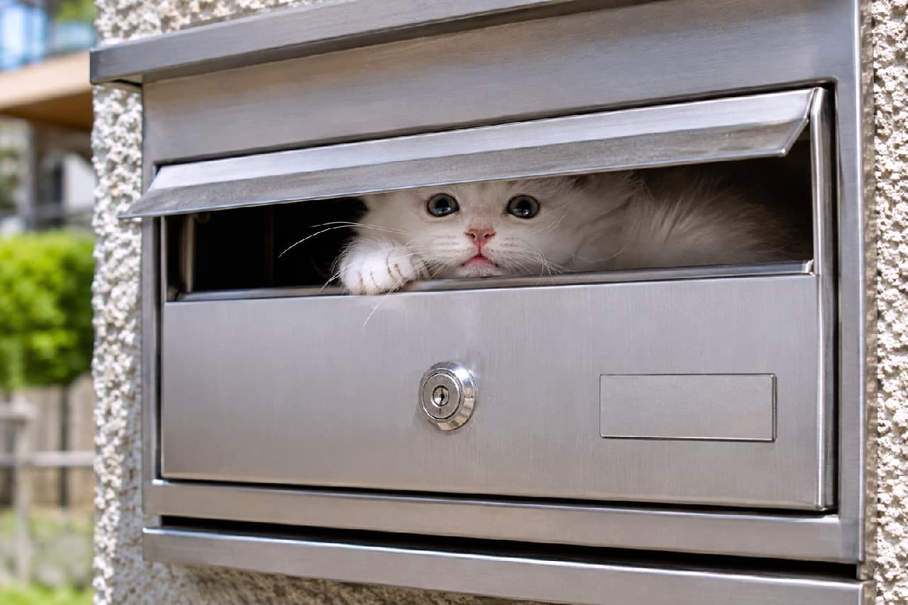 「ポストを開けたら世界一可愛いお届け物が!?📮🐈こんなサプライズ便なら毎日大歓迎です💕 #白猫 #すきま猫」Ultra-realistic high-quality photograph of a fluffy white longhair kitten peeking out from the narrow slot of a stainless steel mailbox. The contrast between the cold metallic mailbox and the kitten's soft pure white fur is striking, highlighting its large, curious blue-grey eyes and tiny paws resting on the edge under bright sunlight. ステンレス製の郵便受けの細い投函口から、外を覗き込んでいるペルシャ風の長毛の白猫。メタリックなポストの質感と、猫のフワフワな純白の被毛のコントラストが印象的です。少し不安げでありながらも好奇心に満ちたブルーグレーの大きな瞳と、縁にちょこんと掛けられた白い前足が、明るい日差しの中で愛らしく描写されています