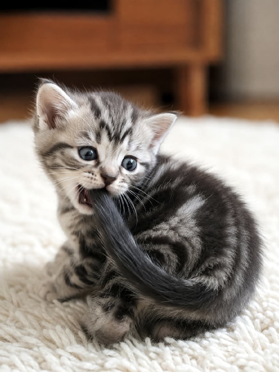 「捕まえたっ！と思ったら自分のしっぽだったニャ😹🌀 永遠に終わらない一人遊びを繰り広げるアメショの赤ちゃん🍼 ずっと見てられる可愛さです💖 #アメリカンショートヘア #子猫の遊び #おっちょこちょい」Ultra-realistic high-quality photograph of a playful silver classic tabby American Shorthair kitten sitting on a fluffy white rug, aggressively but cutely biting its own tail with big blue-grey eyes wide open. ふわふわの白いラグの上に座り、自分の黒いしっぽの先を「未知の敵」と勘違いしてガブリと噛み付いているシルバータビーのアメリカンショートヘアの子猫。青みがかった大きなくりくりの瞳と、無邪気でやんちゃな表情、躍動感のあるポーズが魅力的
