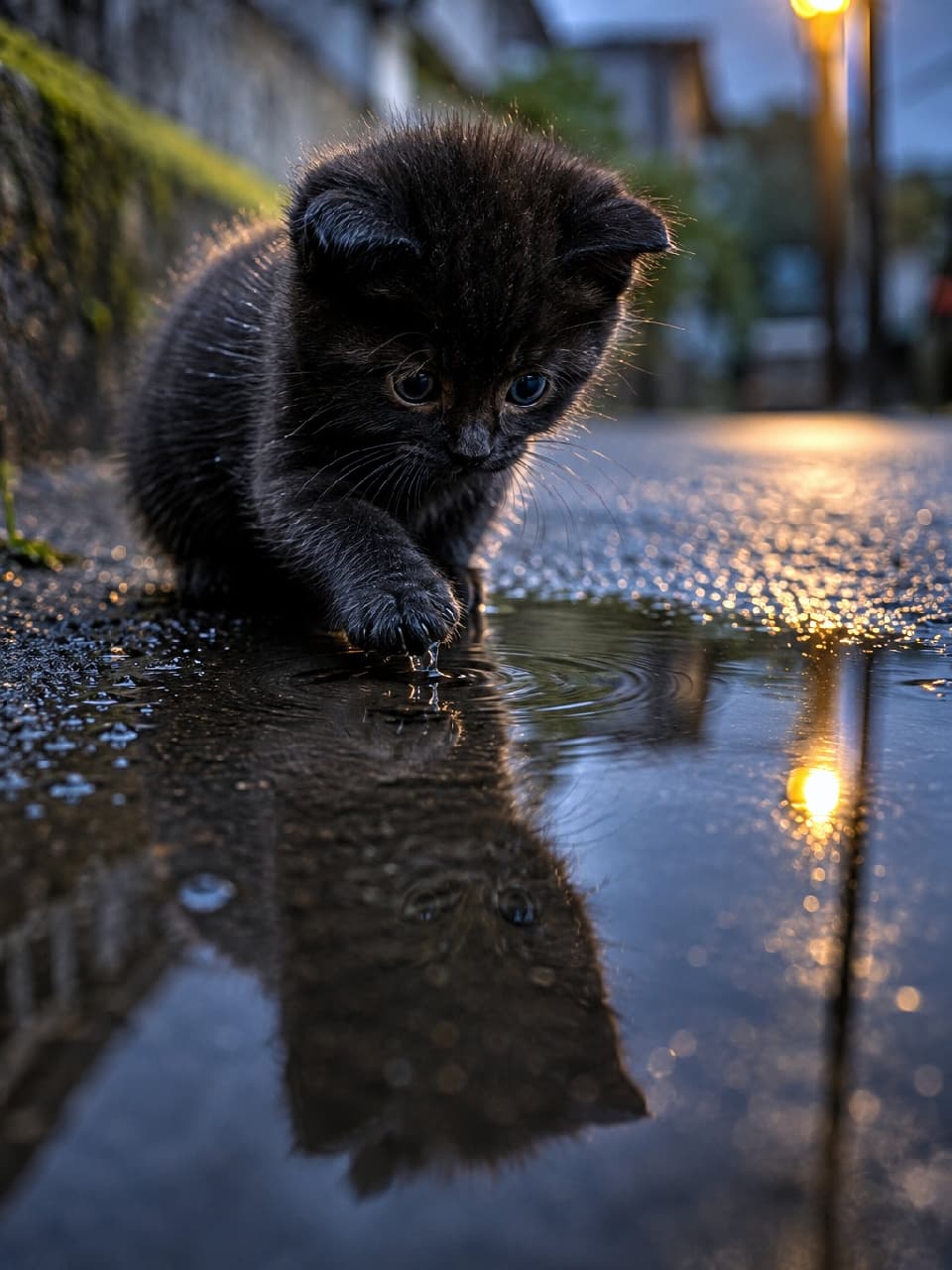 「「つんつん…お水の中に誰かいるニャ？🐾💧」雨上がりの不思議な出会い✨ 水鏡に映る姿が神秘的で引き込まれちゃう🥺🌃 #黒猫 #雨上がり #水鏡」Ultra-realistic high-quality photograph of a curious black kitten gently touching a water puddle on a wet asphalt street, with warm orange streetlights reflecting beautifully on the water surface during a moody rainy evening. 雨上がりの夕暮れ時、濡れたアスファルトの水たまりにそっと前足を伸ばす黒猫の子猫。街灯の暖かなオレンジ色の光が水面に反射し、子猫の真剣で丸い瞳と、水鏡に映る自身のシルエットを幻想的かつ美しく照らし出しています