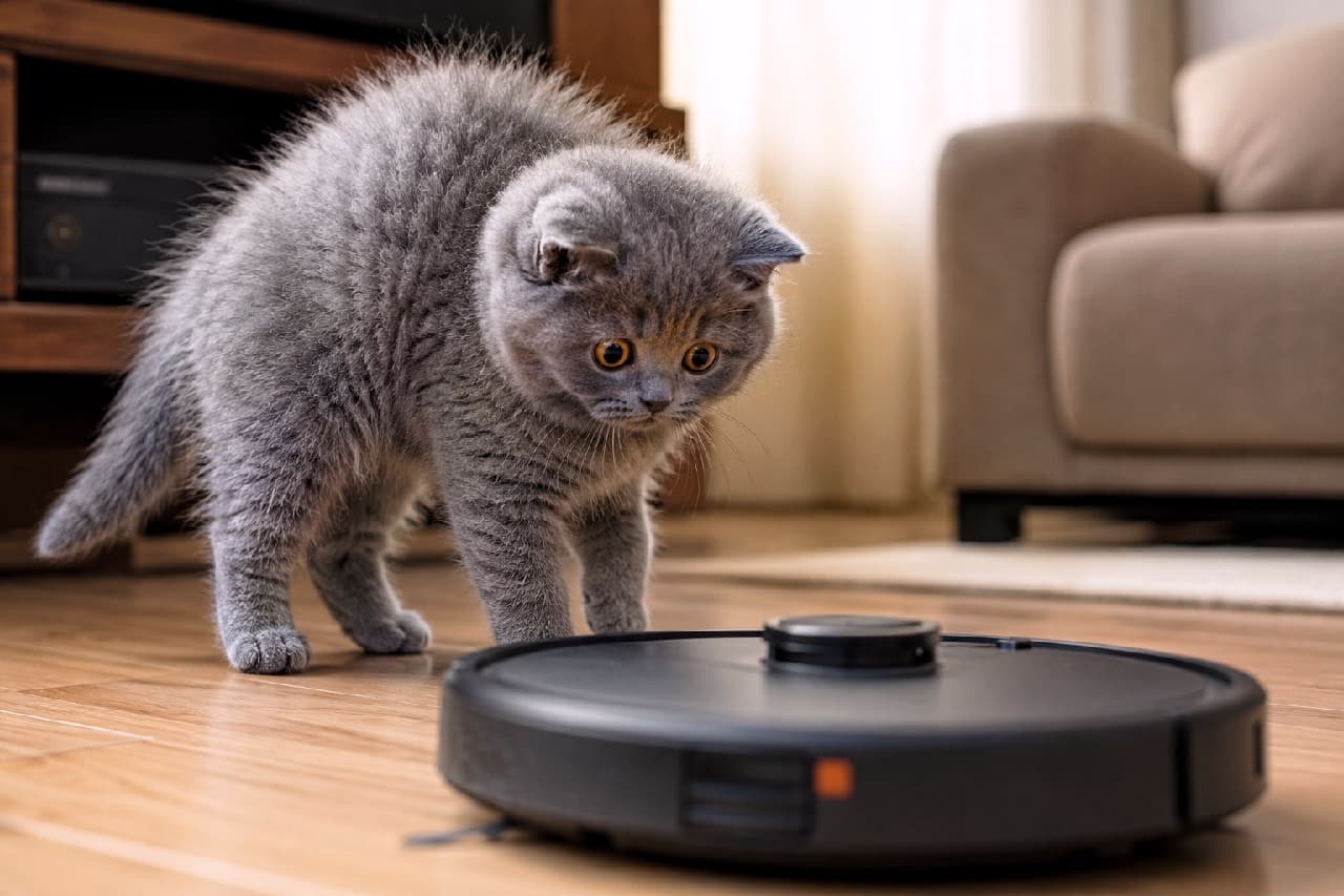 「「にゃんだこの動く黒い物体はーっ！？🙀💥」初めてのロボット掃除機に全身で驚くブリティッシュちゃん🐾 見事なアーチ型の背中が可愛すぎる😂 #やんのかステップ #ブリティッシュショートヘア #ロボット掃除機 #猫のいる暮らし」Ultra-realistic high-quality photograph of a British Shorthair kitten arching its back with its fur puffed up in a classic defensive pose, looking down in surprise and mild fear at a black robot vacuum cleaner on a wooden floor in a cozy living room. ローリングのリビングで、動く黒いロボット掃除機に遭遇し、背中を大きく丸めて全身の毛を逆立てている（やんのかステップ）ブリティッシュショートヘアの子猫。折れ耳と見開かれた琥珀色の瞳から、未知の機械に対する驚きと警戒心がユーモラスに伝わります