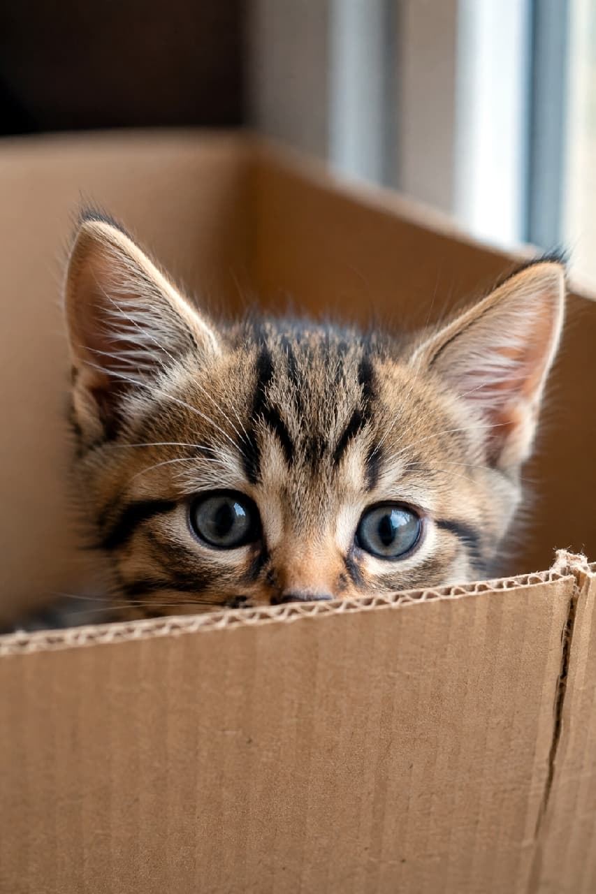 「「外の世界は安全かニャ…？📦👀」初めての段ボール箱からひょっこりお顔を出すキジトラちゃん🐾 大きな瞳と目が合ってドキドキしちゃいますね💓 #キジトラ #箱入り猫 #ひょっこり #猫の好奇心」Ultra-realistic high-quality close-up photograph of a brown tabby kitten with big round blue-grey eyes peeking over the edge of a cardboard box, featuring a clear "M" mark on its forehead in soft natural lighting. 明るい窓辺に置かれた段ボール箱の縁から、顔の半分だけを出して外の様子をこっそり窺っているブラウンタビー（キジトラ）の子猫。額のはっきりとしたM字マークと、ビー玉のように澄んだ大きなブルーグレーの瞳がドアップで捉えられた、臨場感あふれるマクロ撮影の情景