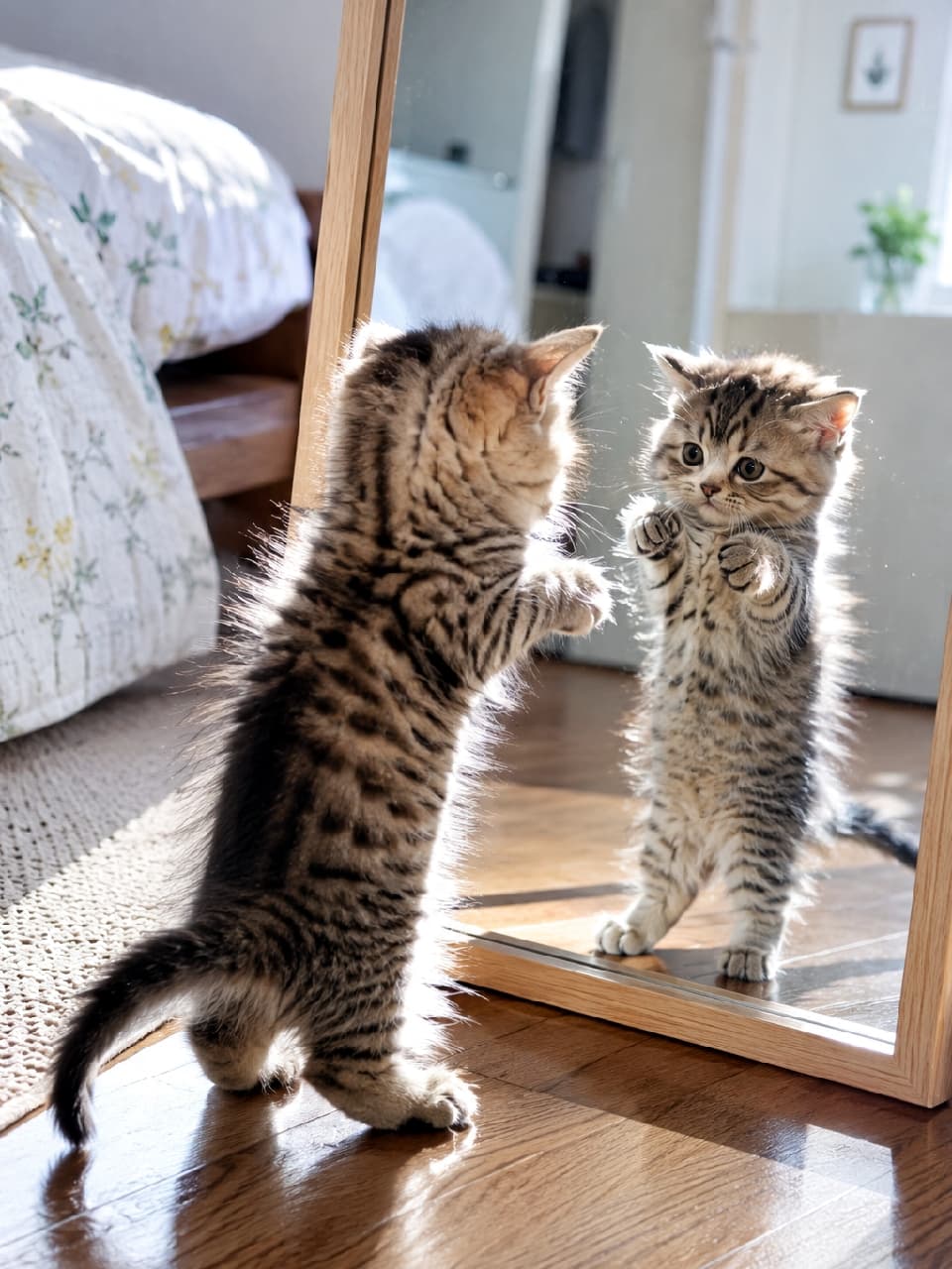 「「君はだれニャ！？🐾」鏡の中の自分と初めてのご対面🪞✨ 立ち上がってご挨拶する姿がたまらないですよね😆💕 仲間だと思ったのかな？ #子猫の生活 #初めての鏡 #猫好きさんと繋がりたい」Ultra-realistic high-quality photograph of a brown tabby kitten standing on its hind legs, pressing its front paws against a floor mirror, looking surprised by its own reflection in a bright, sunlit bedroom. ベッドルームのフローリングに置かれた木枠の姿見の前で、ブラウンタビーの子猫が後ろ足で立ち上がり、鏡に映る自分自身に両前足をペタリとつけて驚いている様子。窓からの柔らかな自然光が差し込み、子猫の真剣で好奇心旺盛な表情を捉えています