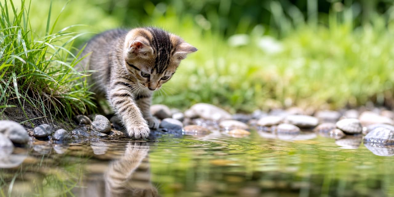 「「にゃ、にゃんだこの冷たくて不思議なキラキラは…？💧🐾」初めての小川にドキドキ挑戦中！🌿✨ #キジトラ #子猫 #初めての体験 #猫のいる暮らし」Ultra-realistic high-quality photograph of a tiny brown tabby kitten standing by a crystal-clear stream under bright sunlight. The kitten, with distinct tabby markings and intense curiosity in its eyes, is gently touching the water's surface with its right front paw. Its reflection and the surrounding vivid green grass and smooth river stones are softly mirrored in the clear water, capturing the precise moment ripple begins. Cinematic nature scene in horizontal composition. 明るい日差しの下、鮮やかな緑の草と滑らかな小石に囲まれた小さな透明な小川のほとりに立つ、キジトラ（ブラウンタビー）の子猫。真剣な眼差しで水面を覗き込み、右の前足をそっと伸ばして冷たい水に触れている。澄んだ水面には子猫の姿と周囲の緑が美しく上下反転して映り込んでおり、波紋が広がり始めている。フォトリアルで情景豊かな横長の自然写真