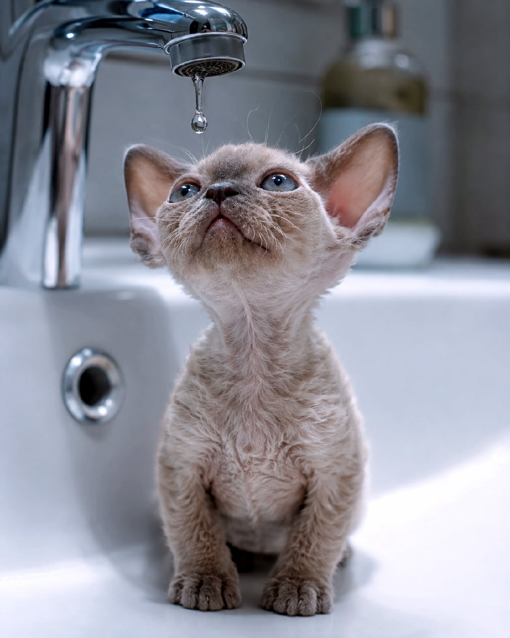 「「お水、落ちてくるニャ…？💧👀」初めて見る水道のしずくに興味津々なデボンレックスちゃん🐾 大きなお耳がたまらない💕 #デボンレックス #初めてのお水 #猫のいる暮らし」Ultra-realistic high-quality photograph of a Devon Rex kitten with large ears and wavy fur sitting in a white sink, looking up curiously with big blue eyes at a clear water drop falling from a silver faucet. 清潔な白い洗面台に座り、蛇口から落ちる寸前の透明な水滴を不思議そうに見上げるデボンレックスの子猫。特有の大きな耳とウェーブがかった細かく柔らかい被毛、淡いブルーの大きな瞳が、冷たいシルバーの蛇口と美しいコントラストを描いています。光を反射する水滴の緊張感と、子猫のピュアな表情が見事な情景