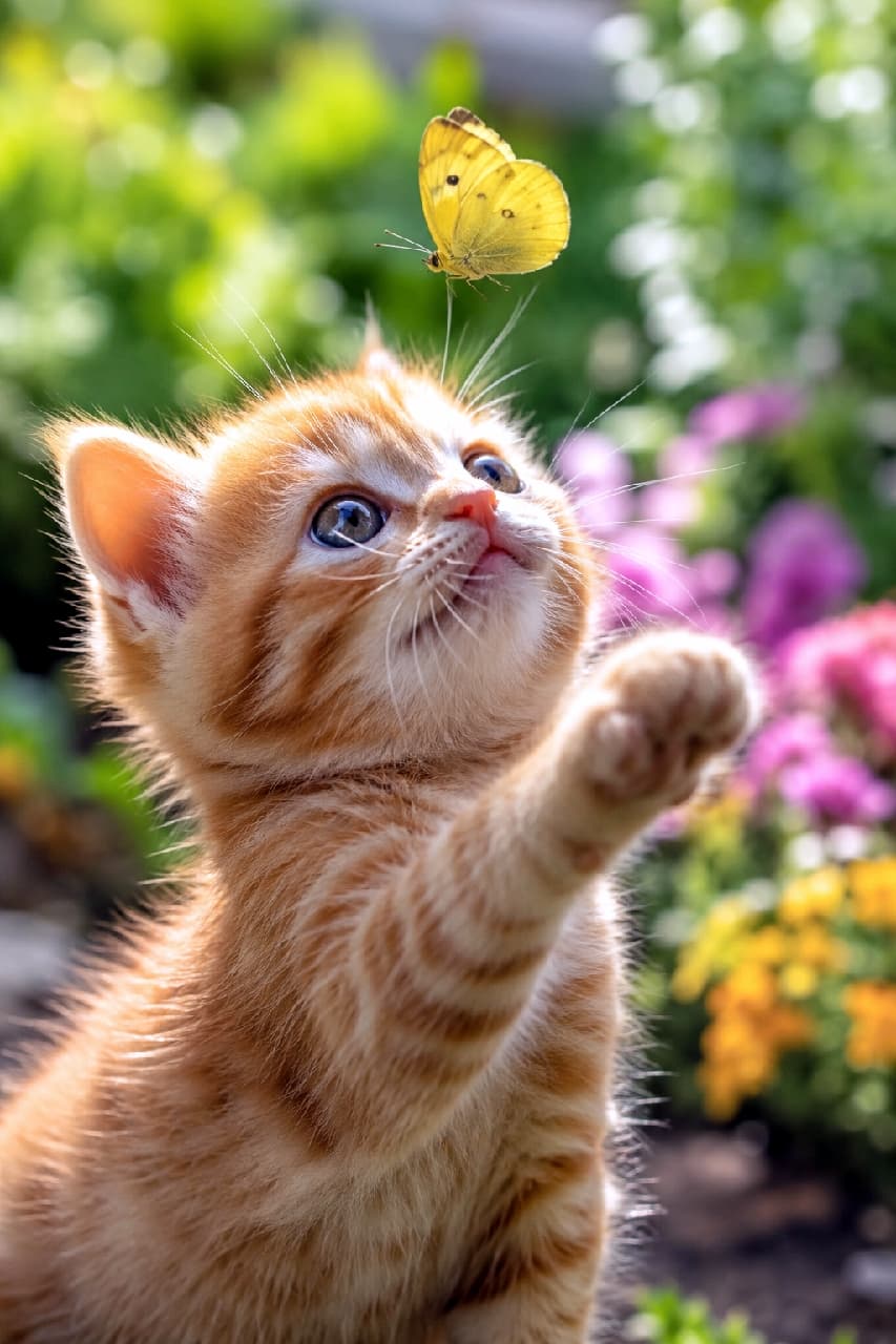 「「待て待て〜🦋🐾」お庭で小さな黄色いお客さまに遭遇🌼 一生懸命おててを伸ばす茶トラちゃんにキュンとしちゃいますね🥺🧡 春のポカポカ陽気を感じる一枚☀️ #茶トラ #猫と花 #お散歩」Ultra-realistic high-quality photograph of a ginger tabby kitten reaching its right paw up towards a small yellow butterfly hovering above its nose, set in a bright, sunlit spring garden with colorful flowers in the soft background. ピンクや黄色の花が咲き乱れる明るい庭で、鼻先のすぐ上に舞い降りた小さな黄色い蝶に向かって、短い右前足を一生懸命に伸ばしている茶トラ（レッドタビー）の子猫。陽光がオレンジ色の被毛をキラキラと輝かせ、まるで童話のワンシーンのような美しい情景