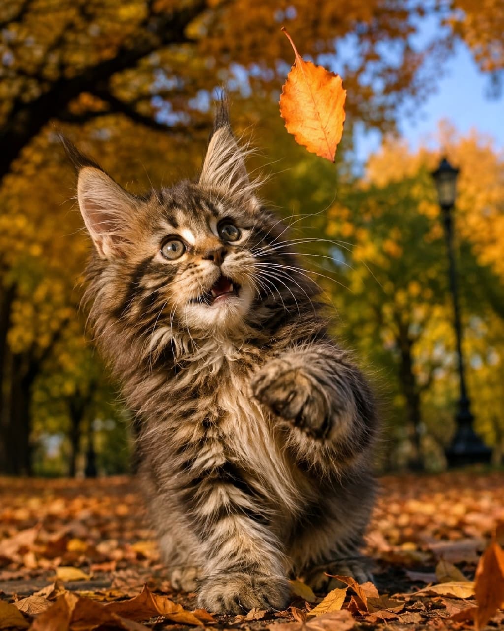 「「まてまて〜！落ち葉さん捕まえるニャ！🍂🐾」元気いっぱいに秋を楽しむメインクーンの赤ちゃん✨ 無邪気なお顔に癒やされますね🥰🍁 #メインクーン #秋の風景 #猫のいる暮らし」Ultra-realistic high-quality photograph of a playful Maine Coon kitten reaching up to catch a falling orange autumn leaf, set against a beautiful background of golden yellow trees and fallen leaves in a sunlit park. 黄金色に染まる秋の公園で、ひらひらと舞い落ちる一枚の枯れ葉に向かって立ち上がり、小さな両手でキャッチしようとするメインクーンの子猫。大きな耳と耳先の飾り毛（リンクスティップ）、驚きと喜びに満ちた表情が躍動感たっぷりに捉えられています