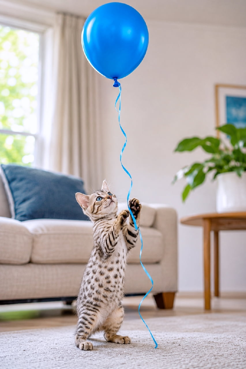 「「待て〜っ！青いふわふわ捕まえるニャ！🎈🐾」初めての風船に大はしゃぎなオシキャットちゃん✨ 綺麗なお腹の模様に釘付けです😍 #オシキャット #風船遊び #元気いっぱい #猫のいる暮らし」Ultra-realistic high-quality photograph of an Ocicat kitten with beautiful spotted leopard patterns standing on its hind legs to play with a blue ribbon attached to a floating blue balloon in a bright, sunlit living room. 明るい日差しが差し込むリビングで、ふわりと浮かぶ青い風船の青いリボンに立ち上がって両手を伸ばすオシキャットの子猫。美しいスポット模様（ヒョウ柄）としなやかな筋肉、好奇心に輝くブルーの瞳が、爽やかでナチュラルな室内の背景に鮮やかに映える、躍動感あふれる情景