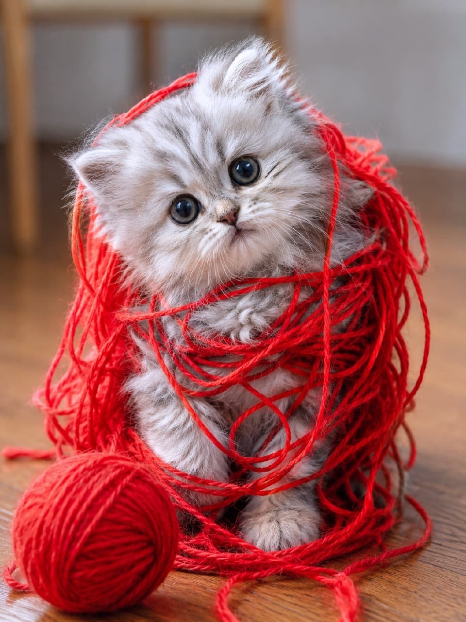 「「あれ？動けニャい…🥺💦」赤い毛糸と格闘してたらぐるぐる巻きになっちゃった子猫🧶✨ 助けてあげるべきか、もうちょっと眺めるべきか…？💕 #子猫 #猫のいる暮らし #ドジっ子」Ultra-realistic high-quality photograph of a Persian kitten tangled in bright red yarn on a wooden floor, tilting its head and looking curiously at the camera with large round eyes. 豊かな被毛を持つシルバータビーのペルシャの子猫が、フローリングの上で鮮やかな赤い毛糸にぐるぐると絡まっている様子。丸く大きな黒目がちの瞳で不思議そうに首をかしげる表情と、毛糸の鮮烈な赤、フワフワのグレーの毛並みの対比が美しい一枚