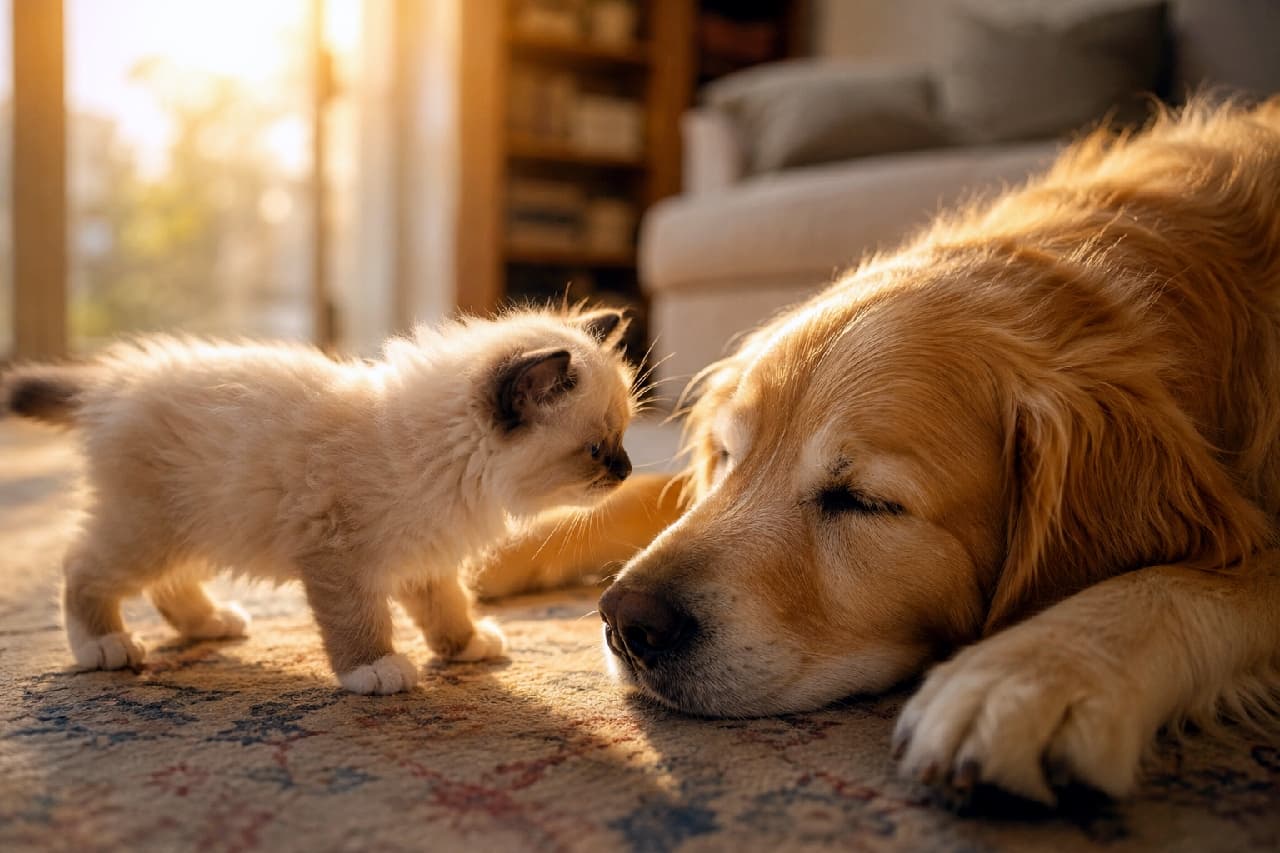 「「大きなワンちゃん、はじめましてニャ🐾💤」眠るゴールデンにそ〜っとご挨拶する子猫ちゃん🥺 夕日を浴びたフワフワの2匹に癒やされ度100%です🌇💛 #犬と猫 #ラグドール #癒やし時間」Ultra-realistic high-quality photograph of a fluffy Ragdoll kitten gently approaching the nose of a sleeping Golden Retriever on a cozy rug, beautifully illuminated by warm golden hour sunlight streaming through the window. 黄金色の美しい夕日が差し込むリビングのラグの上で、気持ちよさそうに眠るゴールデンレトリバーの大きな鼻先に、恐る恐る顔を近づけるラグドール（シールポイント）の子猫。フワフワの産毛が逆光でキラキラと輝き、種を超えた温かく平和な出会いの瞬間を捉えています