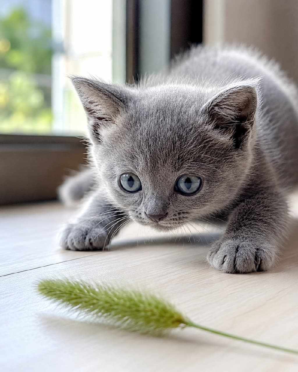 「お尻をフリフリ、ロックオン完了！😼🌿 大好きな猫じゃらしに全集中するブルーの瞳が美しすぎますよね✨ 今にも飛びかかってきそうな臨場感！🐾 #子猫 #猫じゃらし #ハンターモード」Ultra-realistic high-quality photograph of a Russian Blue kitten crouching low on a light wooden floor, locking its piercing blue eyes onto a green foxtail grass, getting ready to pounce in a bright sunlit room. 明るい日差しが差し込むフローリングの部屋で、目の前に置かれた緑色のエノコログサ（猫じゃらし）に身を低くして狙いを定めるロシアンブルーの子猫。サファイアブルーの真剣な瞳、ピンと張ったヒゲ、今にも飛びかかりそうな緊張感のあるポーズが特徴的です
