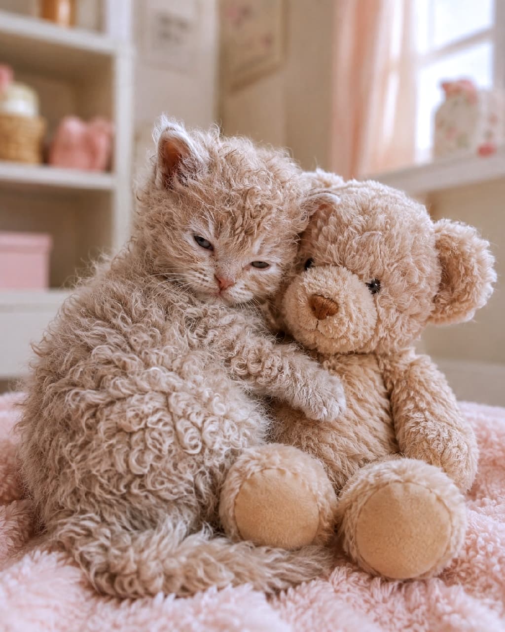 「「新しいお友達ニャ…💤🧸」ふわふわテディベアを抱きしめてウトウトするセルカークレックスちゃん💕 どっちがぬいぐるみかわからない可愛さ🥺 #セルカークレックス #おやすみタイム #ぬいぐるみ #猫のいる暮らし」Ultra-realistic high-quality photograph of a Selkirk Rex kitten with curly, sheep-like fur hugging a fluffy teddy bear tightly on a soft pink blanket, with sleepy eyes in a warm, pastel-colored sunlit room. ピンク色の柔らかなブランケットの上で、自分と同じくらいの大きさのテディベアをぎゅっと抱きしめるセルカークレックスの子猫。くるくるとカールした羊毛のような厚い被毛と、まどろむような半開きの瞳が、温かみのあるパステル調の室内の自然光に包まれ、極上の癒やしと安心感を醸し出しています