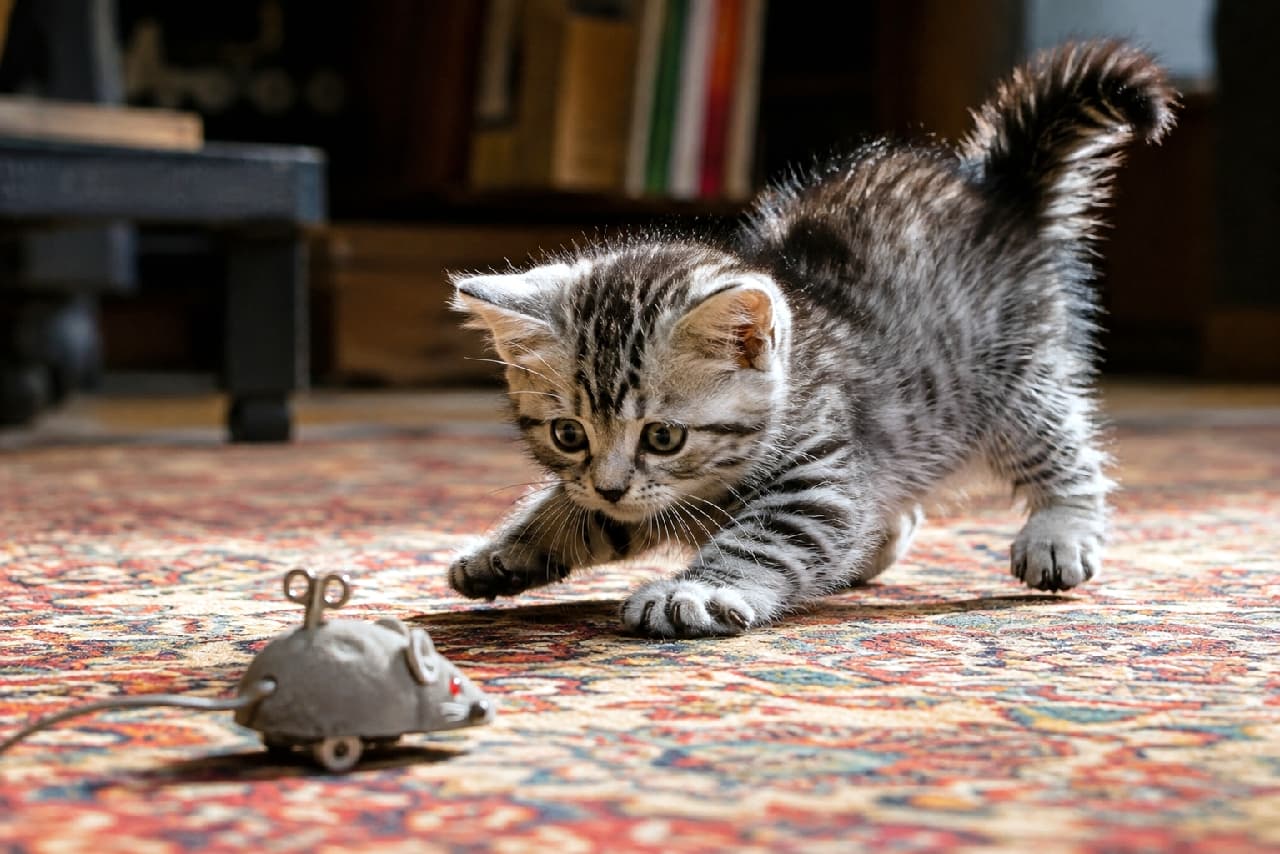 「「にゃんだこの動くネズミさんは！？😼✨」初めてのライバルにハンターの血が騒ぐサバトラちゃん🐾 構えがカッコよすぎる！ #サバトラ #子猫の遊び #ハンターモード #猫のいる暮らし」Ultra-realistic high-quality photograph of a Silver tabby kitten crouching in a pounce position, intensely staring at a vintage wind-up mouse on a patterned rug in a sunlit room. クラシックな柄の絨毯の上で、ブリキのゼンマイねずみに向かって今にも飛びかかろうと身を低くする、シルバータビーの子猫。真剣な丸い瞳と、背中の毛を少し逆立てた躍動感あふれるハンティングポーズが、温かい室内の自然光に美しく照らされています