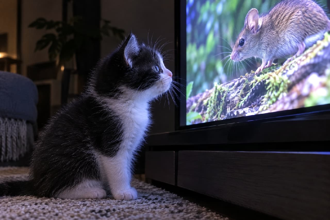 「「あ！ネズミさんだニャ！🐭👀」テレビ画面の小さなハンターに大興奮のハチワレちゃん✨ 真剣な眼差しから目が離せません🥺 #ハチワレ #テレビっ子 #猫のいる暮らし」Ultra-realistic high-quality photograph of a black and white tuxedo kitten sitting on a textured carpet in a dimly lit room, staring intensely at a large TV screen displaying a close-up of a field mouse, illuminated by the screen's glow. 薄暗いリビングのカーペットの上に座り、大きなテレビ画面に映し出された野ネズミのドアップ映像を真剣な横顔で見つめるハチワレ（白黒）の子猫。テレビからの青白い光が子猫の丸い瞳やフワフワの輪郭を美しく照らし出し、狩猟本能を刺激されている様子が伝わります
