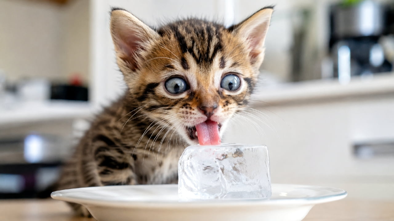 「「ちめたっ‼️🧊」初めての氷にびっくりしてお目々がこぼれ落ちそうな子猫ちゃん🥺💙 暑い日のひんやり体験、可愛すぎるリアクションに癒されたら「❤️」を押してね! #子猫のいる生活 #猫好きさんと繋がりたい #おもしろ猫」Ultra-realistic high-quality photograph of a Bengal kitten with striking blue eyes, looking wide-eyed and shocked while licking a clear ice cube on a white plate. Bright kitchen background with detailed textures of the wet pink tongue and glossy fur. 白いお皿の上に置かれた四角い氷をペロリと舐め、冷たさに驚いて美しいブルーの目を真ん丸に見開いているベンガル風(ブラウンスポッテッドタビー)の子猫。明るいキッチンの背景と、氷の透明感、子猫の濡れたピンクの舌や被毛の艶が鮮明に描写されています