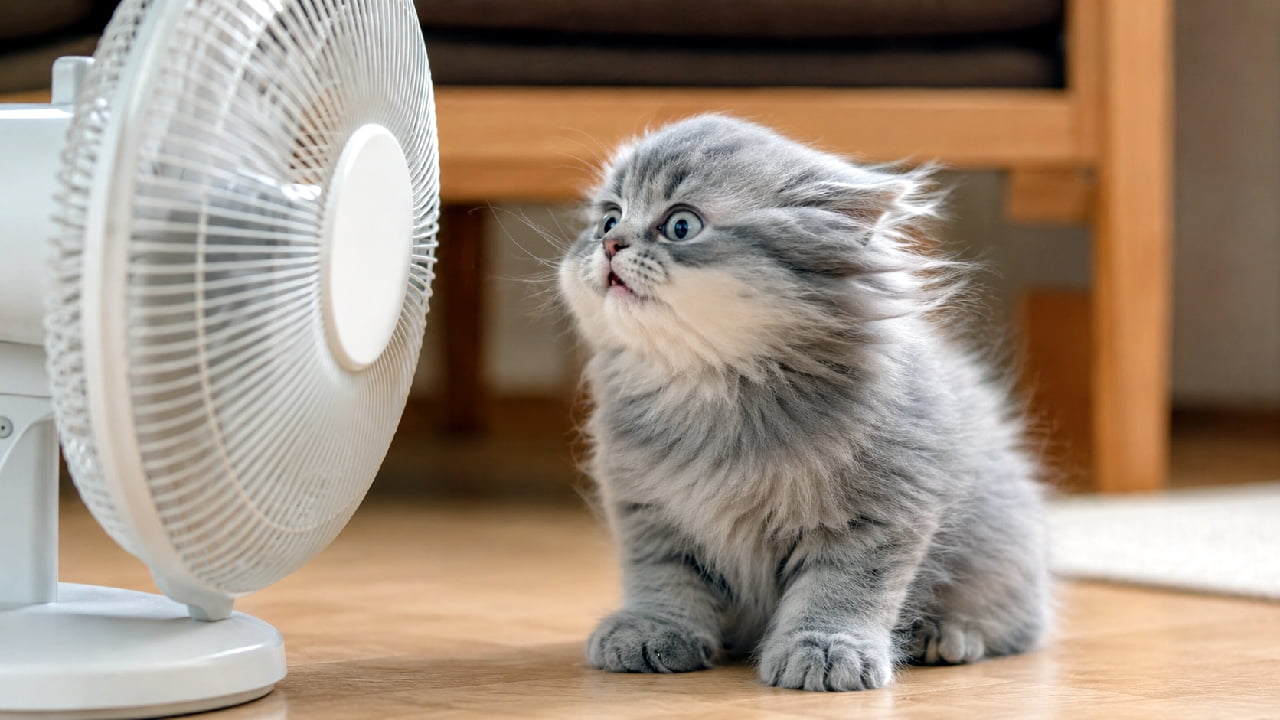 「風を浴びてライオン王に変身🦁🌪️⁉️ 初めての扇風機にタジタジなふわふわ子猫ちゃん💨 まるでミュージックビデオのワンシーンみたいでしょ?😎 涼しげな姿にキュンとしたらシェアしてね🎐 #扇風機猫 #夏の風物詩 #子猫のいる生活 #猫好きさんと繋がりたい」Ultra-realistic high-quality photograph of a British Shorthair kitten sitting on a wooden floor, facing a white electric fan. Its long fur is blowing dynamically in the wind, and it has an expression of surprised curiosity in soft natural light. フローリングの部屋で白い扇風機の前に座り、強風を正面から受けてグレーと白の被毛がダイナミックに後ろになびいているブリティッシュショートヘアの子猫。風の勢いに驚きつつも興味津々な表情で、柔らかな自然光が被毛の繊細さを際立たせています